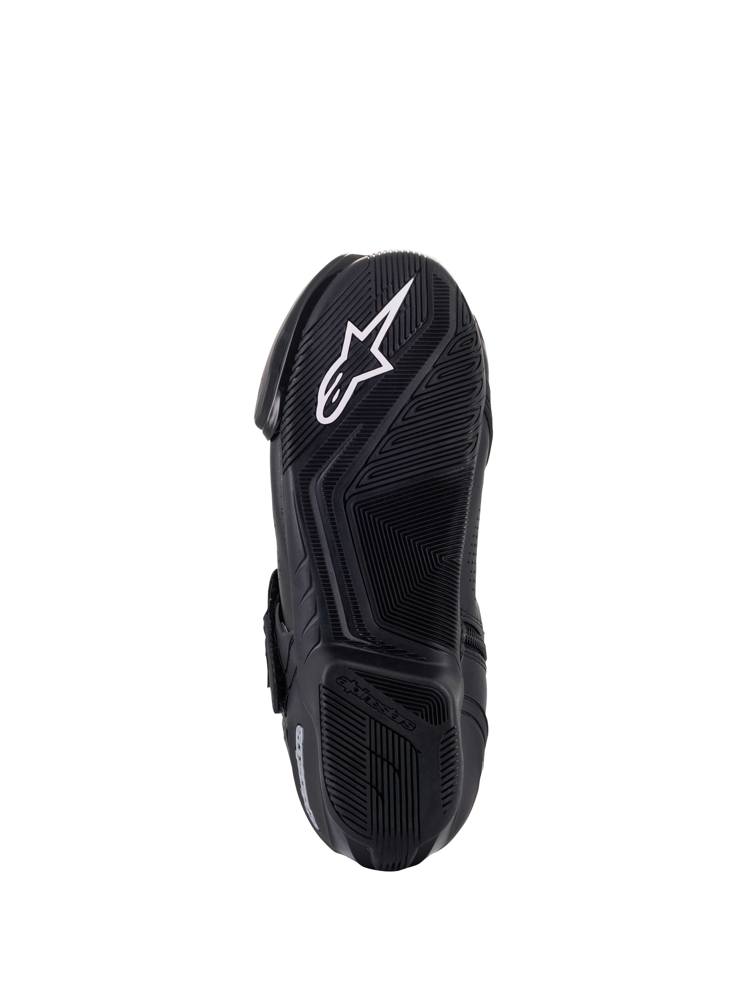Bottines ventilées Alpinestars SMX-1 R V2, vue de dessous de la semelle, noires, logo étoile Alpinestars blanc sur semelle en composé de caoutchouc texturé avec motifs d'adhérence avancés