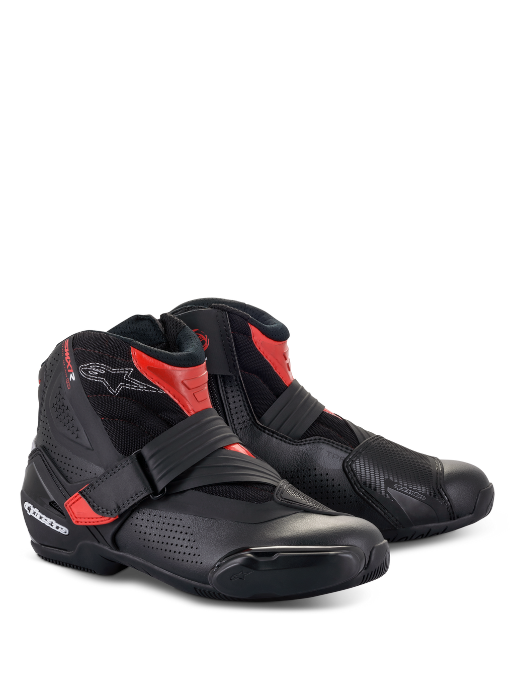 Alpinestars SMX-1 R V2 Vented Boots, bottines de moto à coupe basse, noir et rouge, avec microfibre perforée pour la circulation de l'air, protection en TPU et fermeture par sangle pour la conduite sportive sur route.