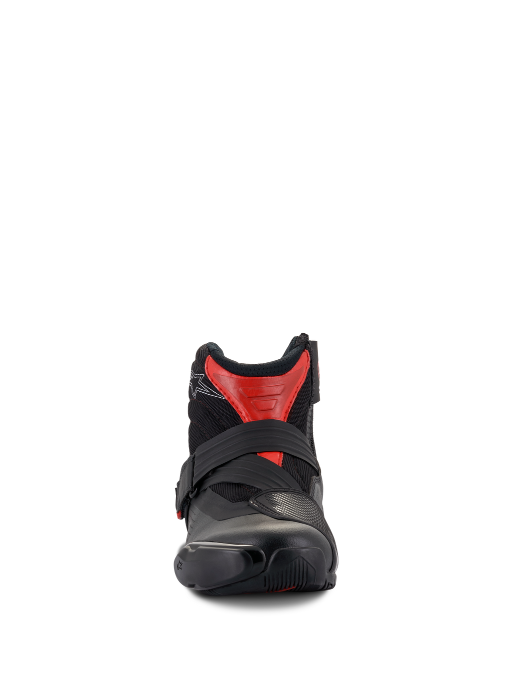 Bottes Alpinestars SMX-1 R V2 Ventilées, bottines de moto coupe basse, noir et rouge, vue de face montrant la fermeture par sangle sécurisée et la tige en microfibre ventilée, équipement de route haute performance.