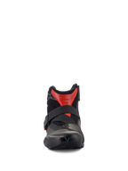 Bottes Alpinestars SMX-1 R V2 Ventilées, bottines de moto coupe basse, noir et rouge, vue de face montrant la fermeture par sangle sécurisée et la tige en microfibre ventilée, équipement de route haute performance.