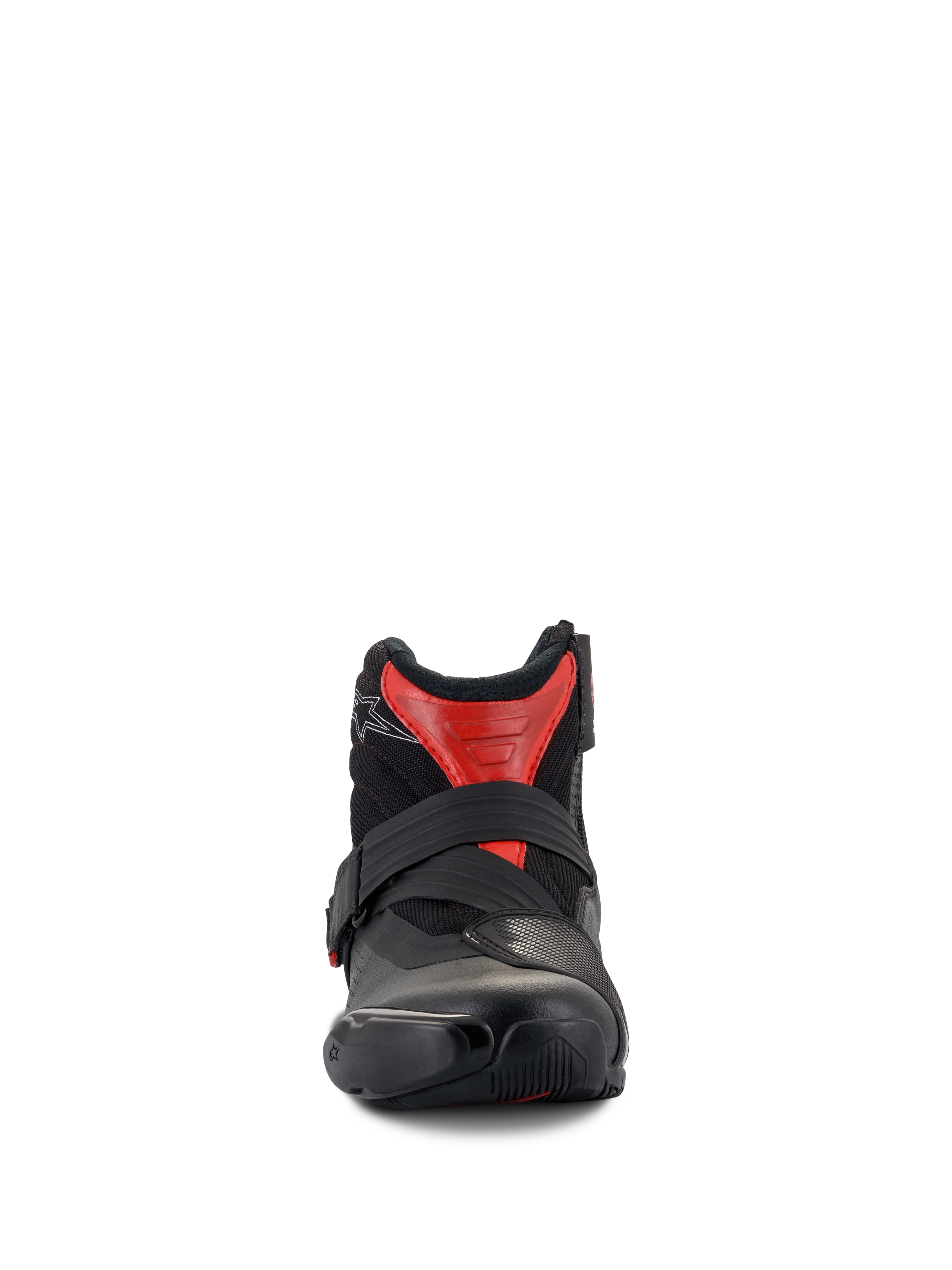 Bottes Alpinestars SMX-1 R V2 Ventilées, bottines de moto coupe basse, noir et rouge, vue de face montrant la fermeture par sangle sécurisée et la tige en microfibre ventilée, équipement de route haute performance.
