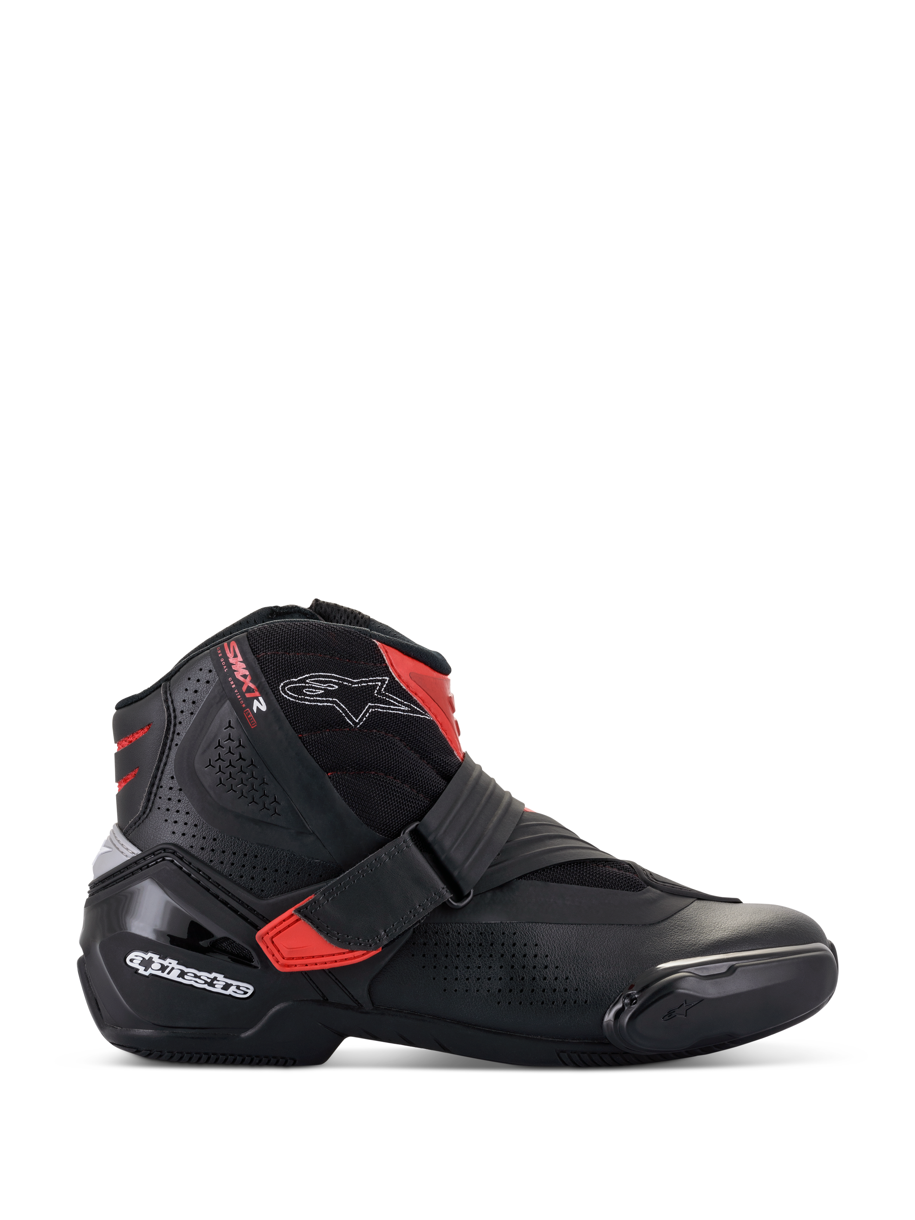 Bottes Alpinestars SMX-1 R V2 Vented, chaussures de moto coupe basse, noir avec accents rouges et logos blancs, tige en microfibre perforée pour une ventilation maximale, contrefort de talon et protections latérales en TPU, design sportif haute performance