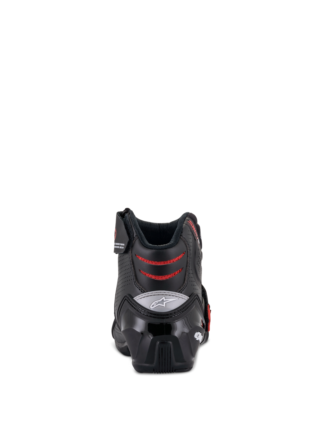 Bottes Alpinestars SMX-1 R V2 Ventilées, bottines de moto à coupe basse, noir et rouge, vue arrière montrant le contrefort de talon en TPU et les zones de flexion en mesh rouge, chaussures de performance pour la conduite sur route et sportive