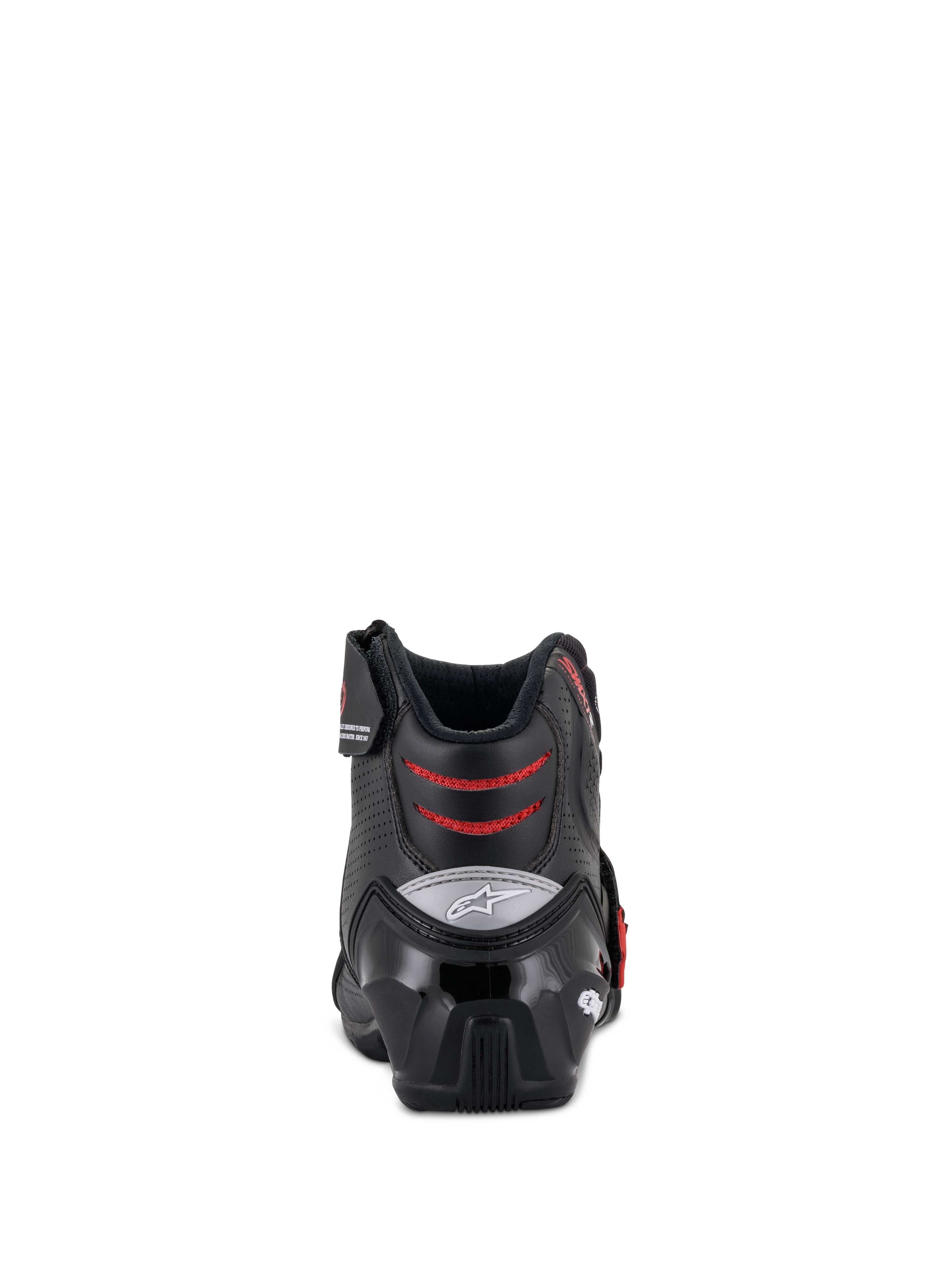 Bottes Alpinestars SMX-1 R V2 Ventilées, bottines de moto à coupe basse, noir et rouge, vue arrière montrant le contrefort de talon en TPU et les zones de flexion en mesh rouge, chaussures de performance pour la conduite sur route et sportive