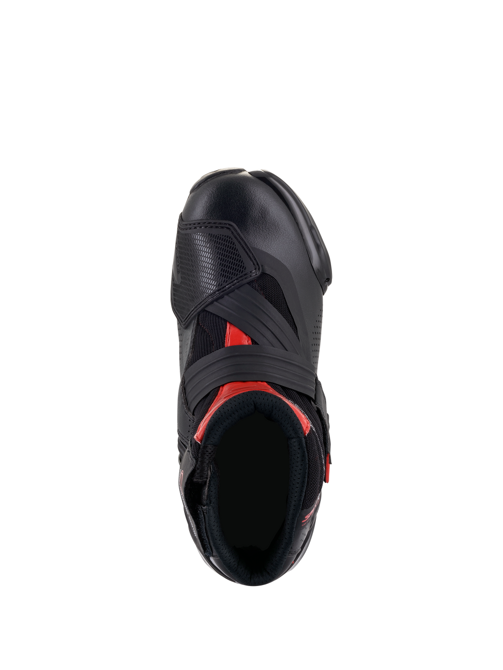 Bottes Alpinestars SMX-1 R V2 Ventilées, noir et rouge, vue de dessus montrant l'ouverture du pied et la construction supérieure, avec microfibre perforée, accents rouges et une large sangle Velcro sur le cou-de-pied.