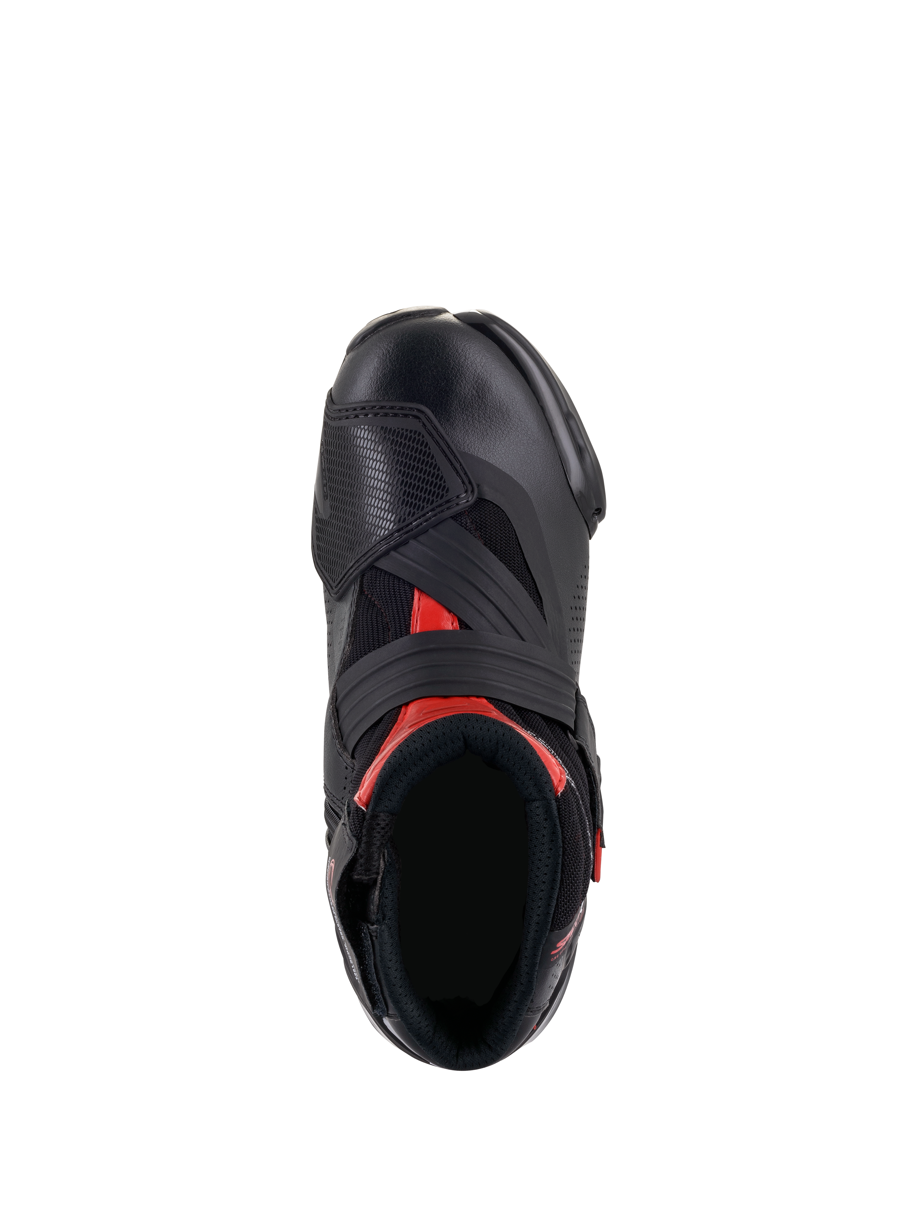 Bottes Alpinestars SMX-1 R V2 Ventilées, noir et rouge, vue de dessus montrant l'ouverture du pied et la construction supérieure, avec microfibre perforée, accents rouges et une large sangle Velcro sur le cou-de-pied.