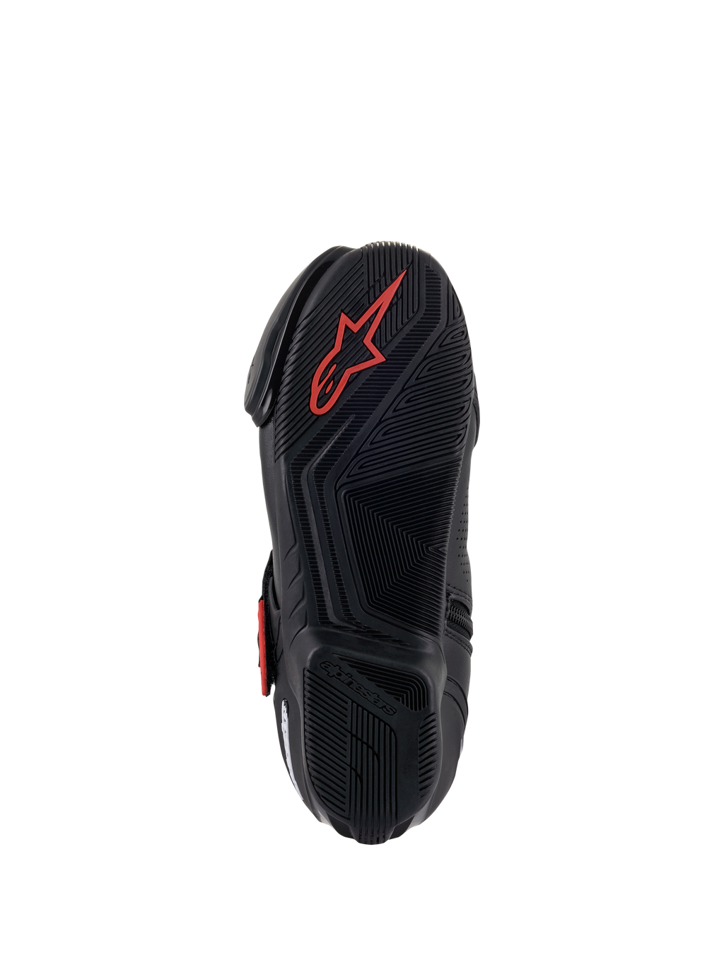 Bottes Alpinestars SMX-1 R V2 Vented, chaussures de moto, noir et rouge, vue de dessous de la semelle en caoutchouc composé avec motifs d'adhérence texturés et logo Astars rouge