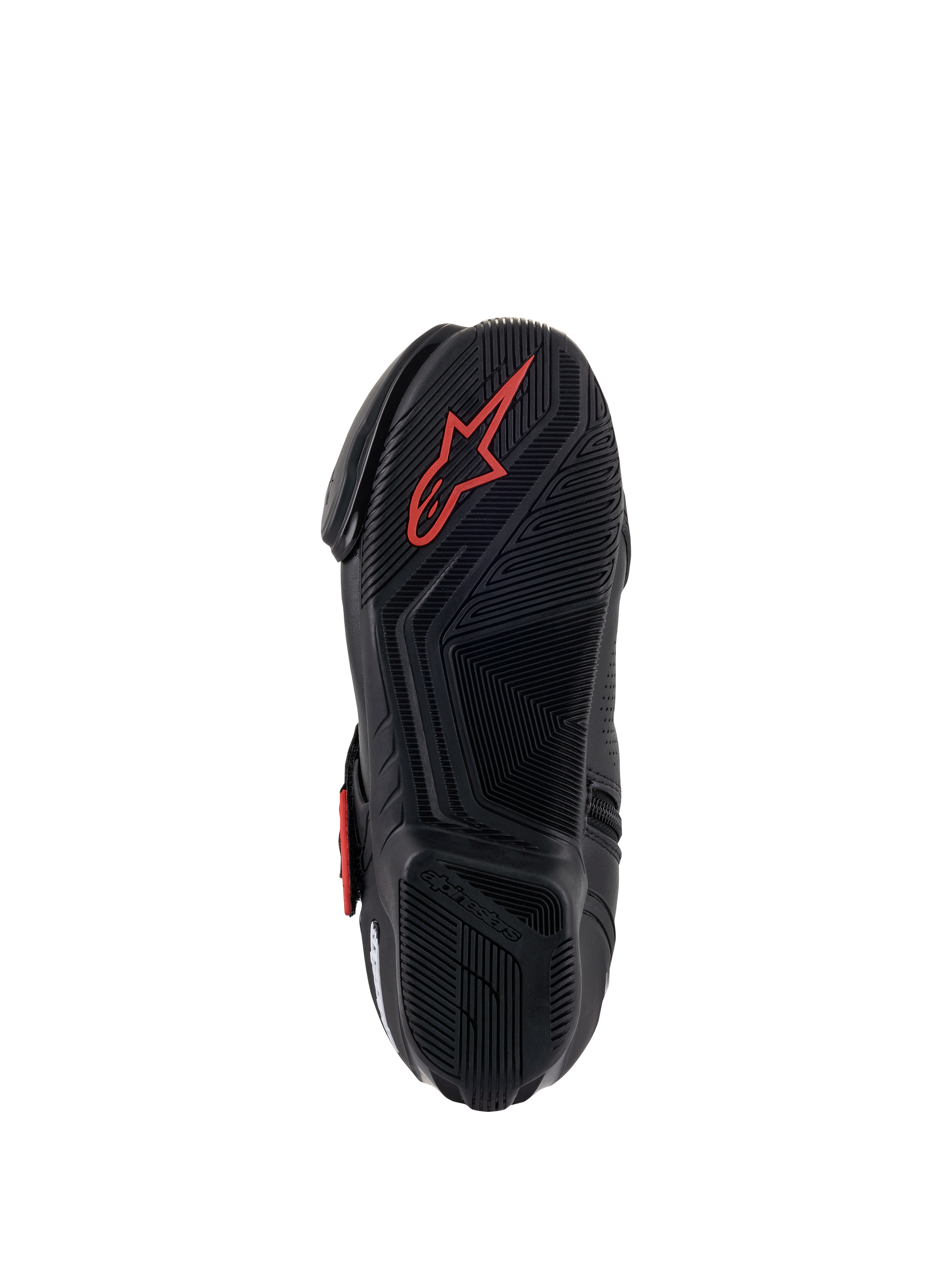 Bottes Alpinestars SMX-1 R V2 Vented, chaussures de moto, noir et rouge, vue de dessous de la semelle en caoutchouc composé avec motifs d'adhérence texturés et logo Astars rouge