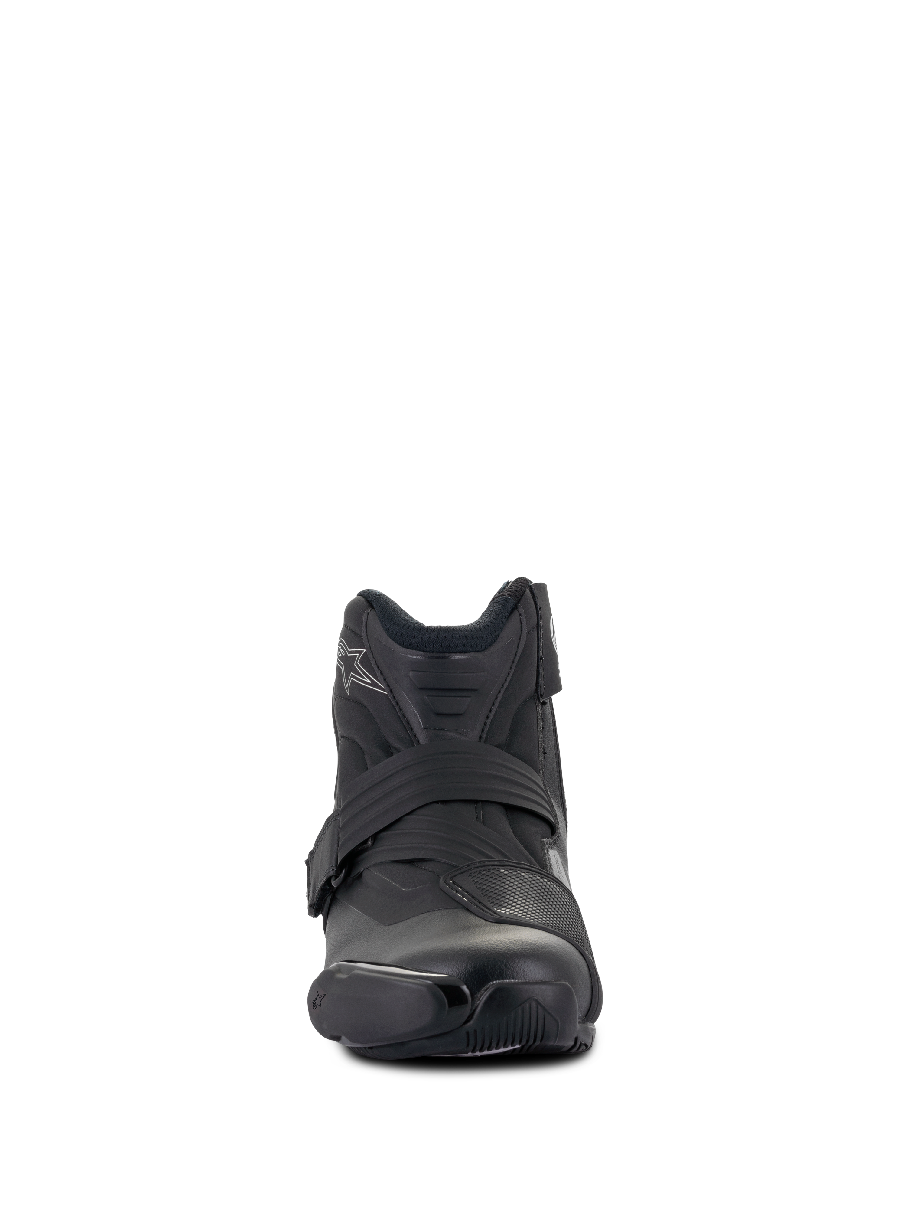 Alpinestars Stella SMX-1 R V2 Damenstiefel, niedrig geschnittener Performance-Motorradstiefel, Schwarz, Vorderansicht, mit Mikrofaser-Obermaterial, TPU-Schaltpolster und ergonomischem Verschlussriemen, sportlich inspiriertes Design