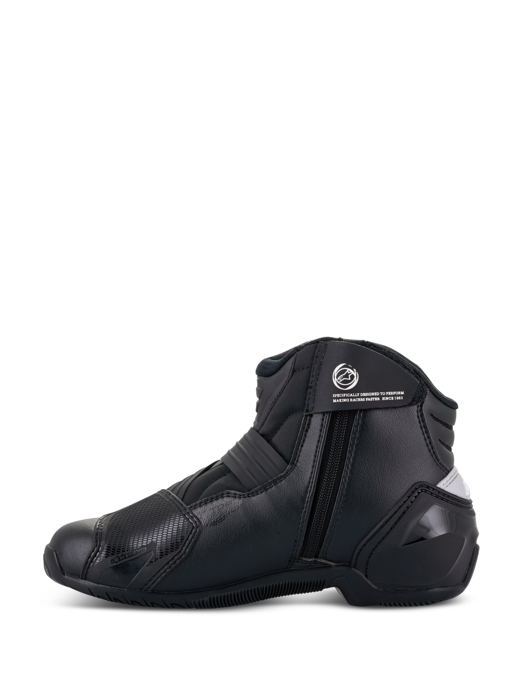 Alpinestars Stella SMX-1 R V2 Damenstiefel, Schwarz, niedrig geschnittener Performance-Motorradstiefel, Seitenansicht mit Reißverschluss, Knöchelriemen mit Logo und Mikrofaser-Konstruktion mit TPU-Fersenkappe