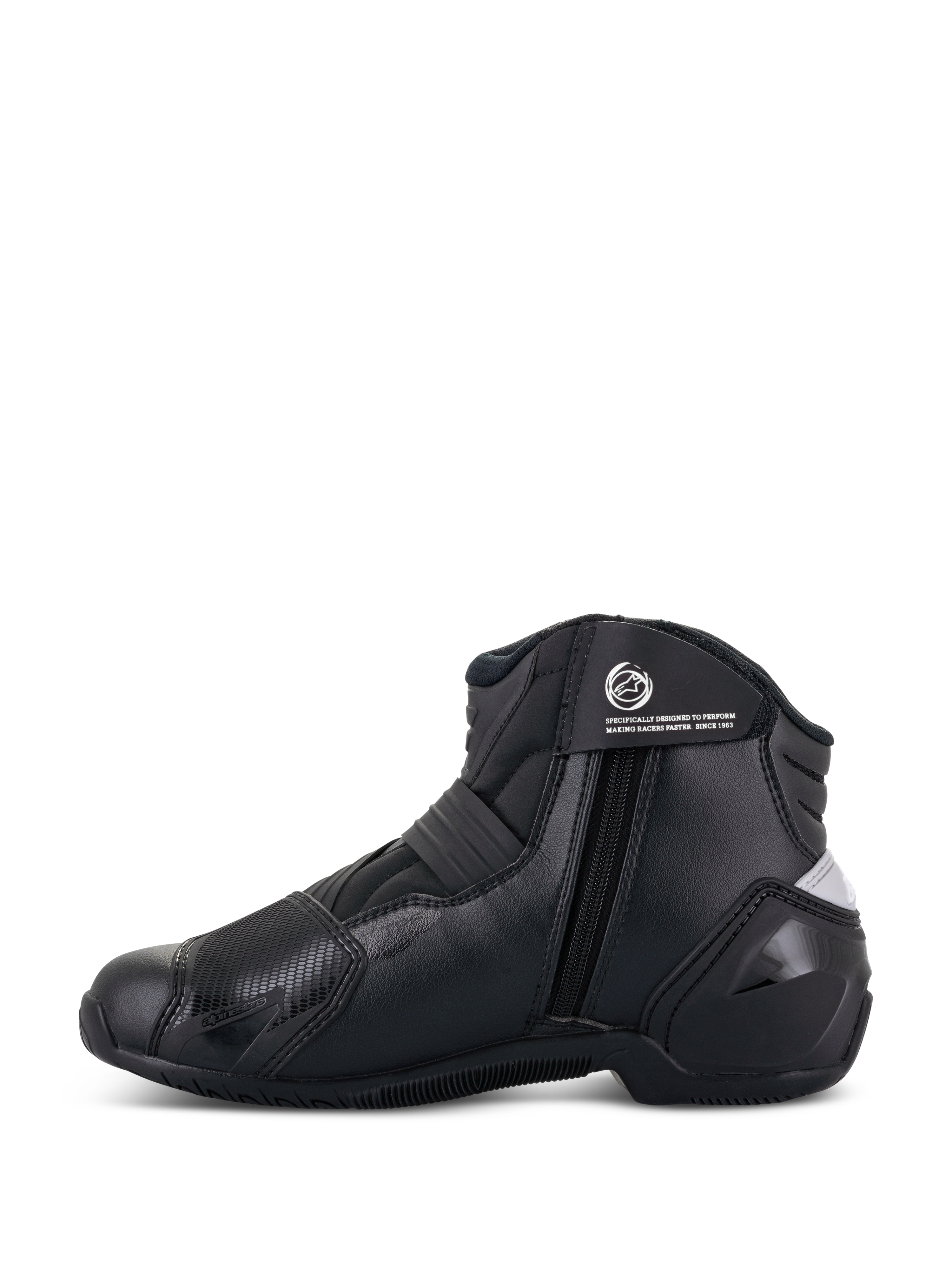 Alpinestars Stella SMX-1 R V2 Damenstiefel, Schwarz, niedrig geschnittener Performance-Motorradstiefel, Seitenansicht mit Reißverschluss, Knöchelriemen mit Logo und Mikrofaser-Konstruktion mit TPU-Fersenkappe