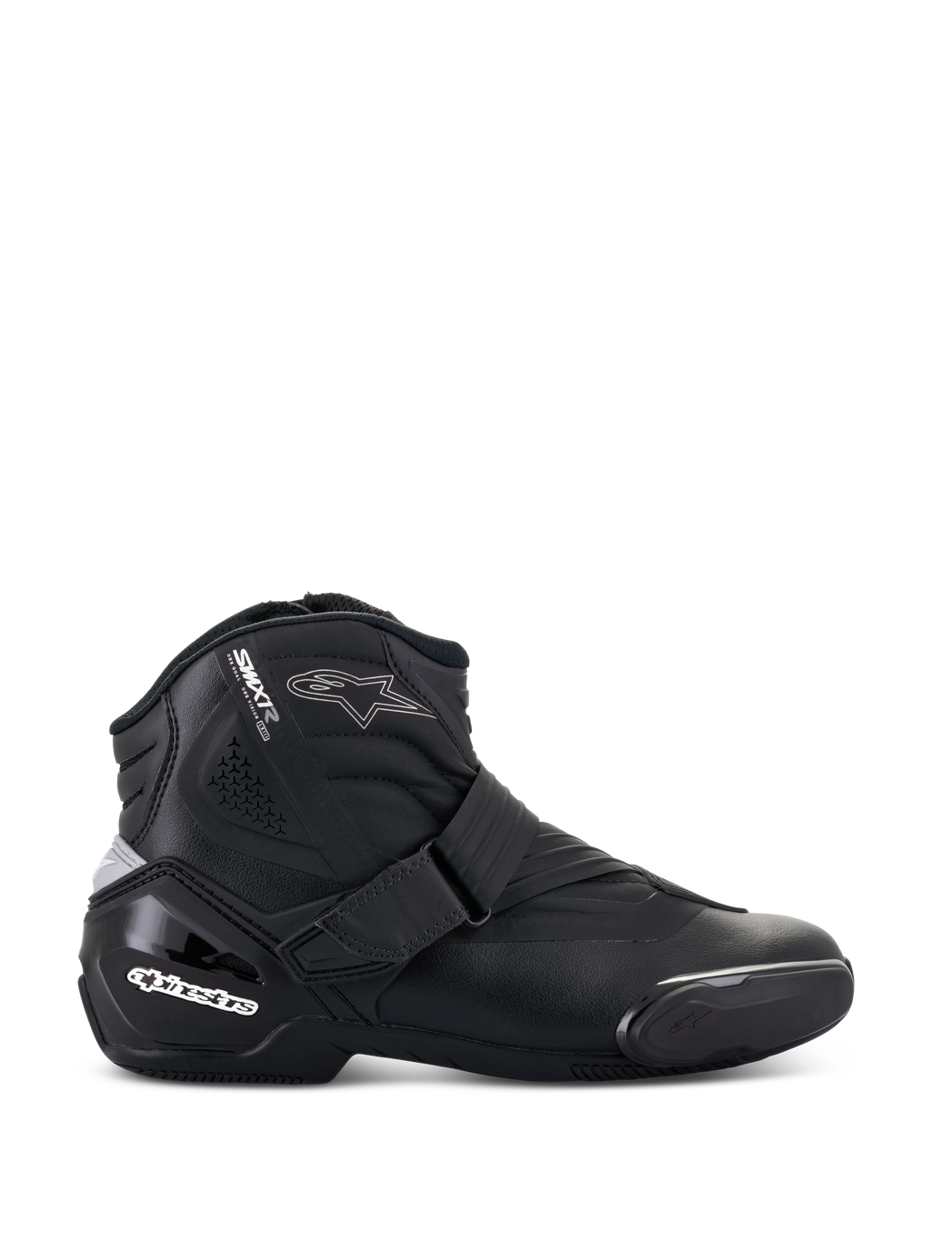 Alpinestars Stella SMX-1 R V2 Stiefel, Damen-Motorradschuh mit niedrigem Schaft, Schwarz, Seitenprofilansicht mit Mikrofaser-Konstruktion, verstellbarem Riemenverschluss, verstärkter TPU-Fersenkappe mit weißem Markenschriftzug, Stern-Logo und langlebiger Gummisohle.