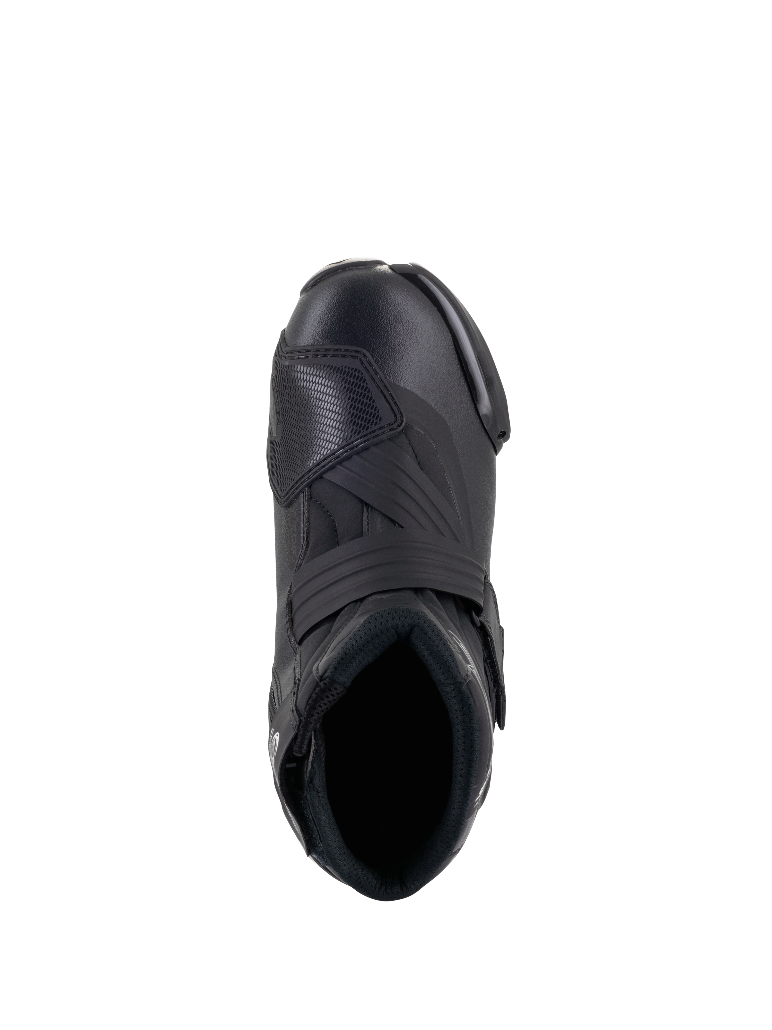 Alpinestars Stella SMX-1 R V2 Damenstiefel, niedrig geschnittener Performance-Motorradschuh in Schwarz, Draufsicht mit Fußöffnung, Ristriemen und strukturiertem TPU-Schaltpolster, schlanke Mikrofaser-Konstruktion