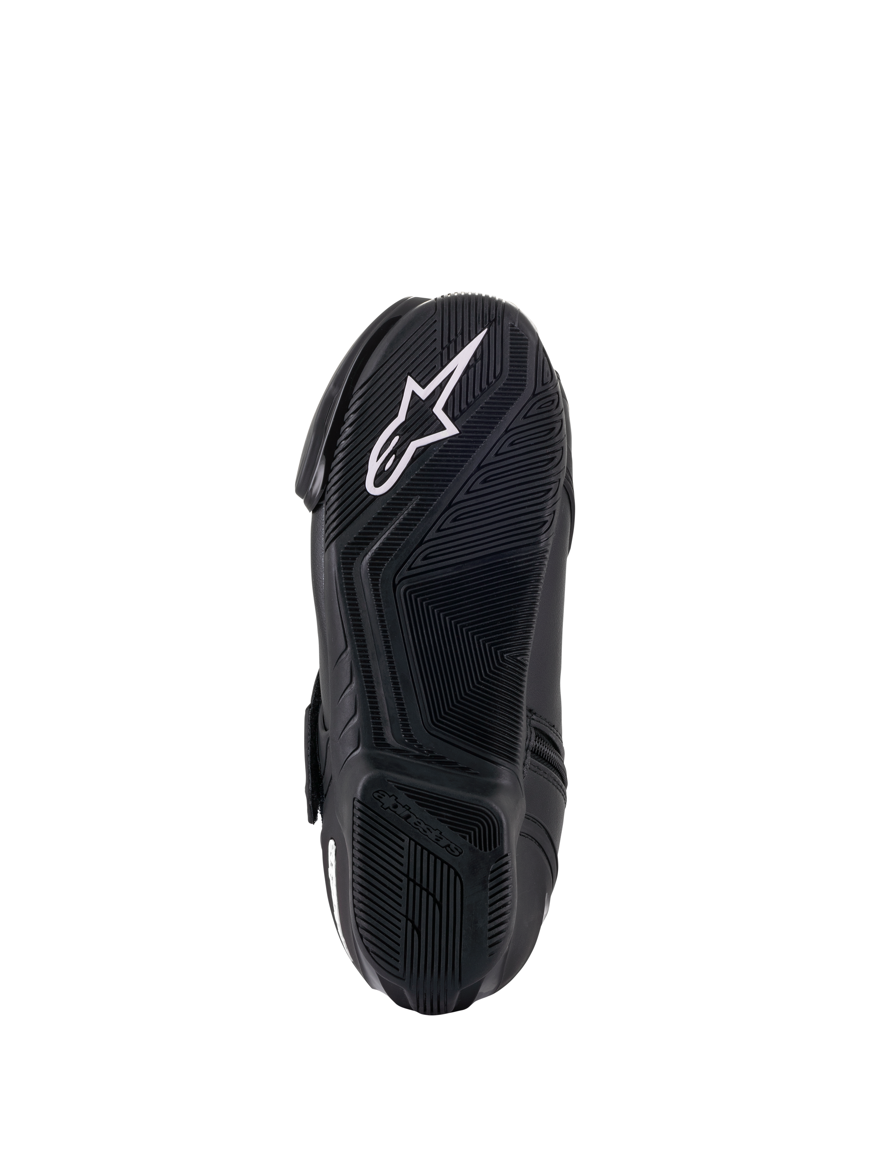 Alpinestars Stella SMX-1 R V2 Damenstiefel, Schwarz, Unteransicht der Gummisohle mit griffigem Muster und weißem Alpinestars-Sternlogo, Performance-Motorradschuhwerk
