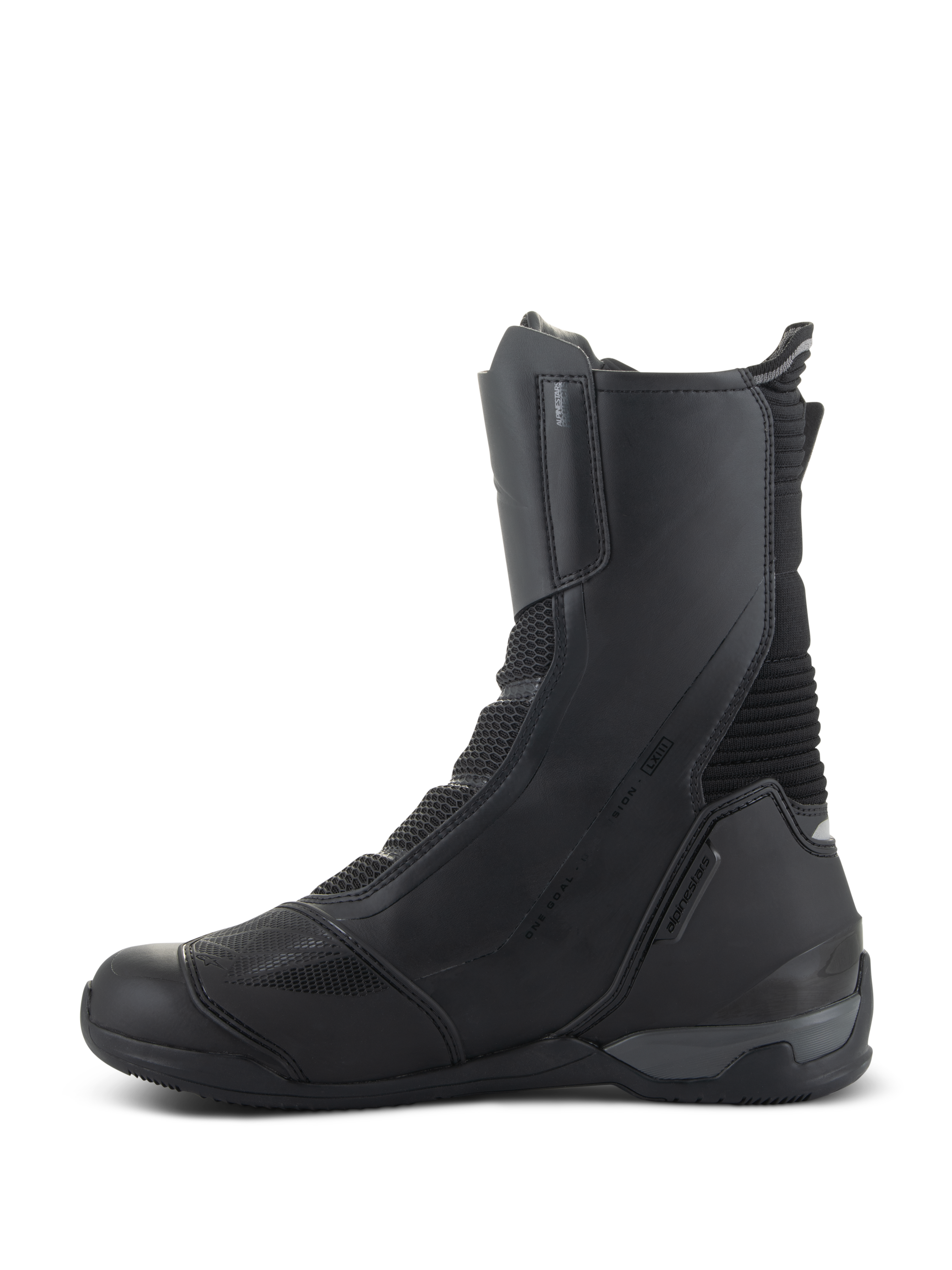 Alpinestars SP-X BOA Drystar Stiefel, mittelhohe Sport-Touring-Motorradstiefel, Schwarz, mediale Seitenansicht mit Mikrofaser- und Mesh-Konstruktion, verstärkter Fersenkappe und schlankem, schützendem Design für Straßenfahrten