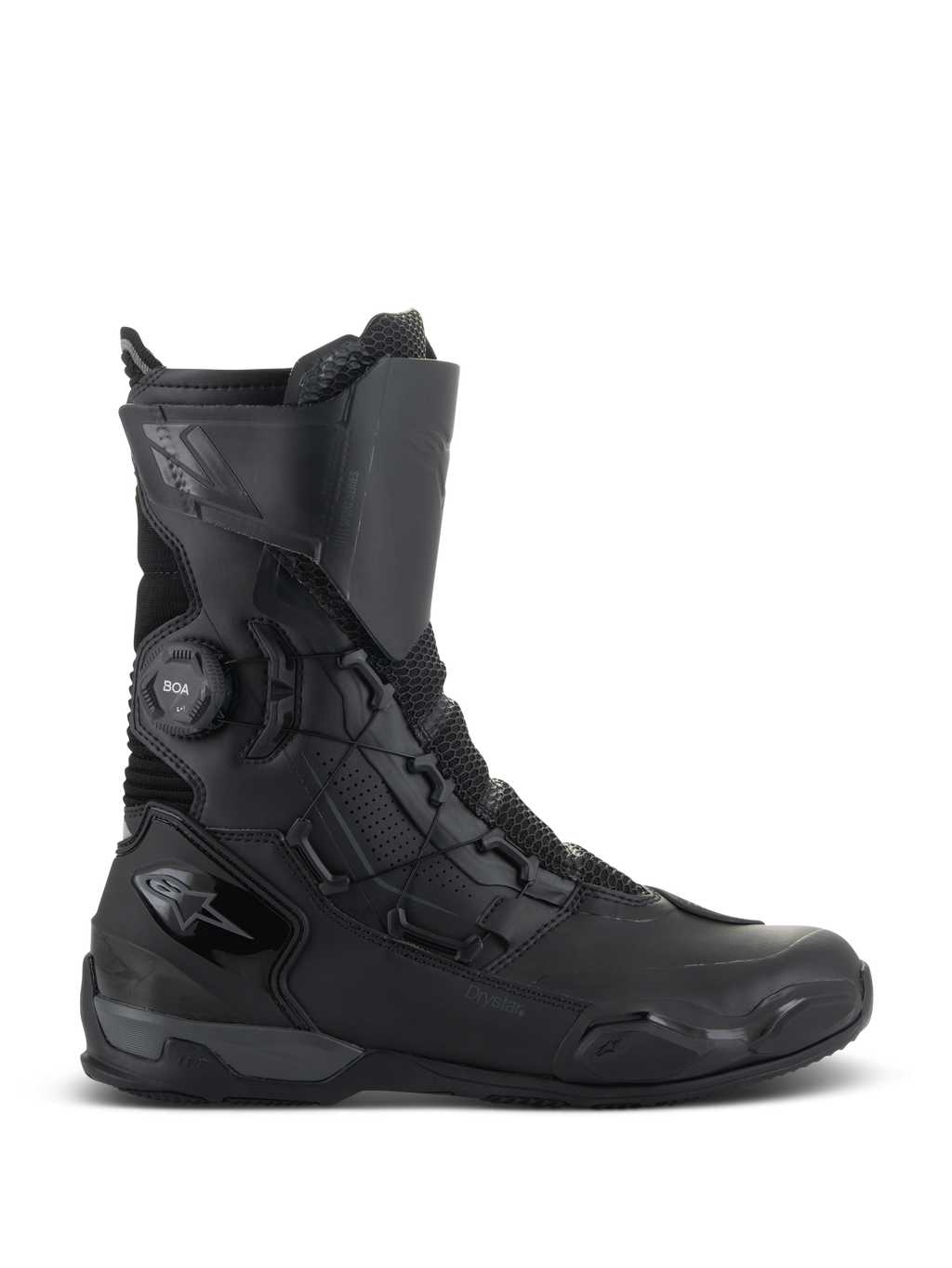 Alpinestars SP-X BOA Drystar Stiefel, Motorrad-Tourenstiefel, Schwarz und Dunkelgrau, Seitenansicht mit BOA Speed Lace System und Drystar-Branding, mittelhohes wasserdichtes Design mit Mesh- und TPU-Verstärkungen