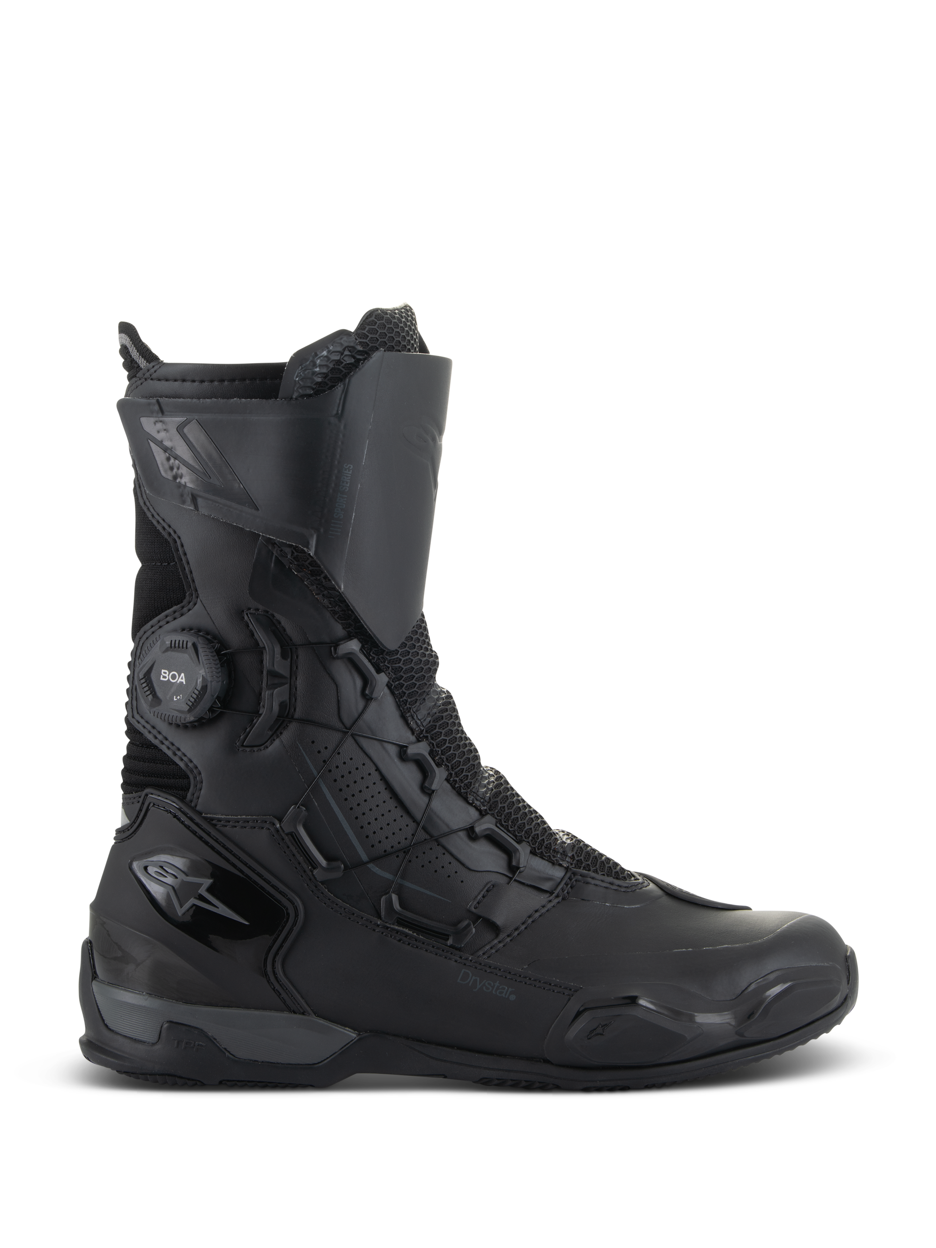 Alpinestars SP-X BOA Drystar Boots, Motorcycle Touring Boots, Black and Dark Gray, side profile showing BOA Speed Lace System and Drystar branding, mid-length waterproof design with mesh and TPU reinforcements