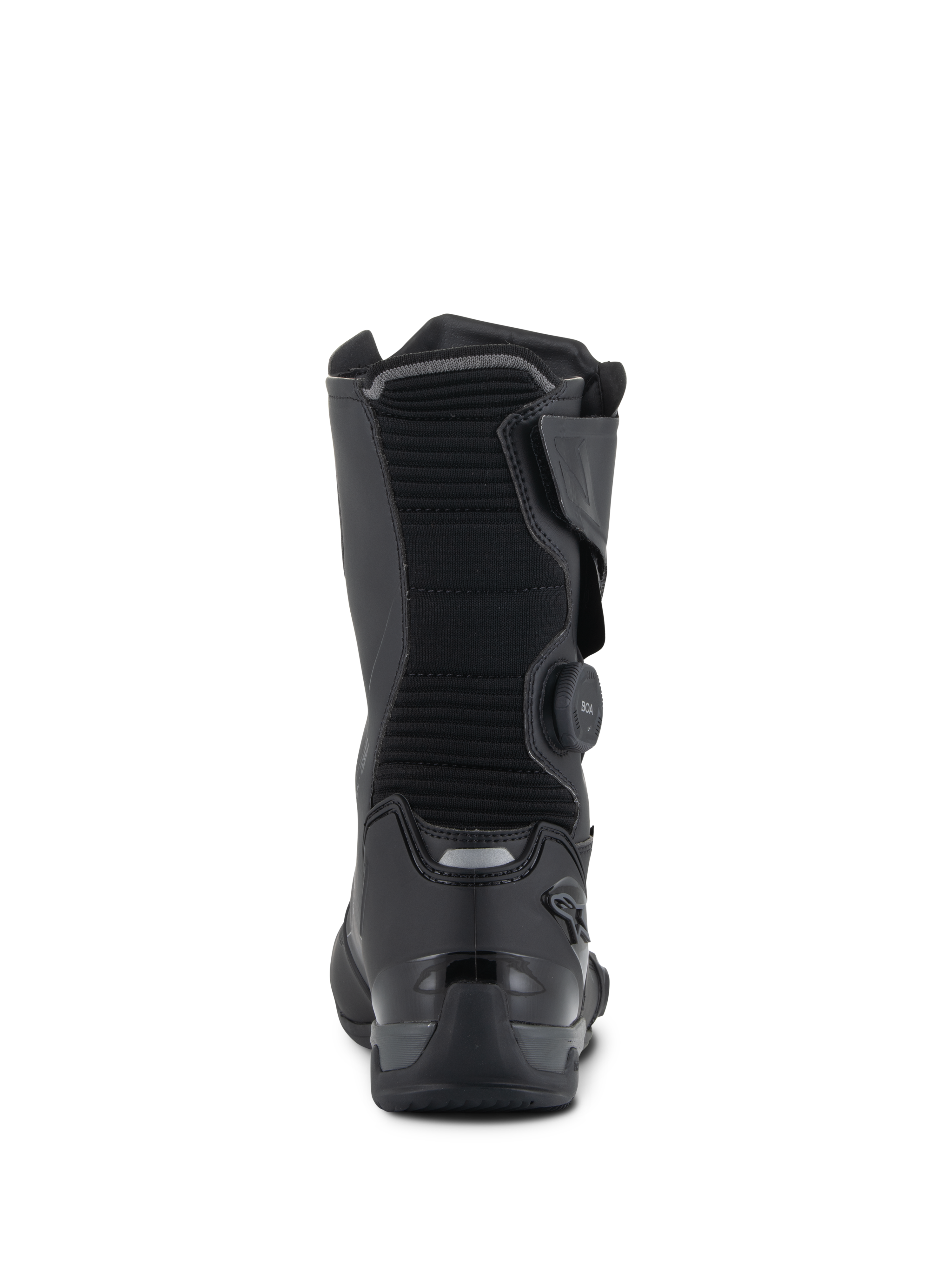 Alpinestars SP-X BOA® Drystar® Stiefel, Schwarz und Dunkelgrau, Rückansicht mit gerippter Textilwade, seitlichem BOA-Drehverschluss und verstärkter TPU-Fersenkappe mit reflektierenden Details, technisches Sport-Touring-Schuhwerk