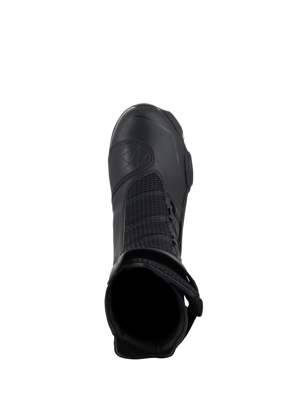 Alpinestars SP-X BOA Drystar Stiefel, Sport-Touring-Motorradstiefel, Schwarz, Draufsicht mit Fokus auf die Einstiegsöffnung, Mesh-Einsätze und TPU-Schaltverstärkung, konzipiert für wasserdichte Performance und Fahrkomfort