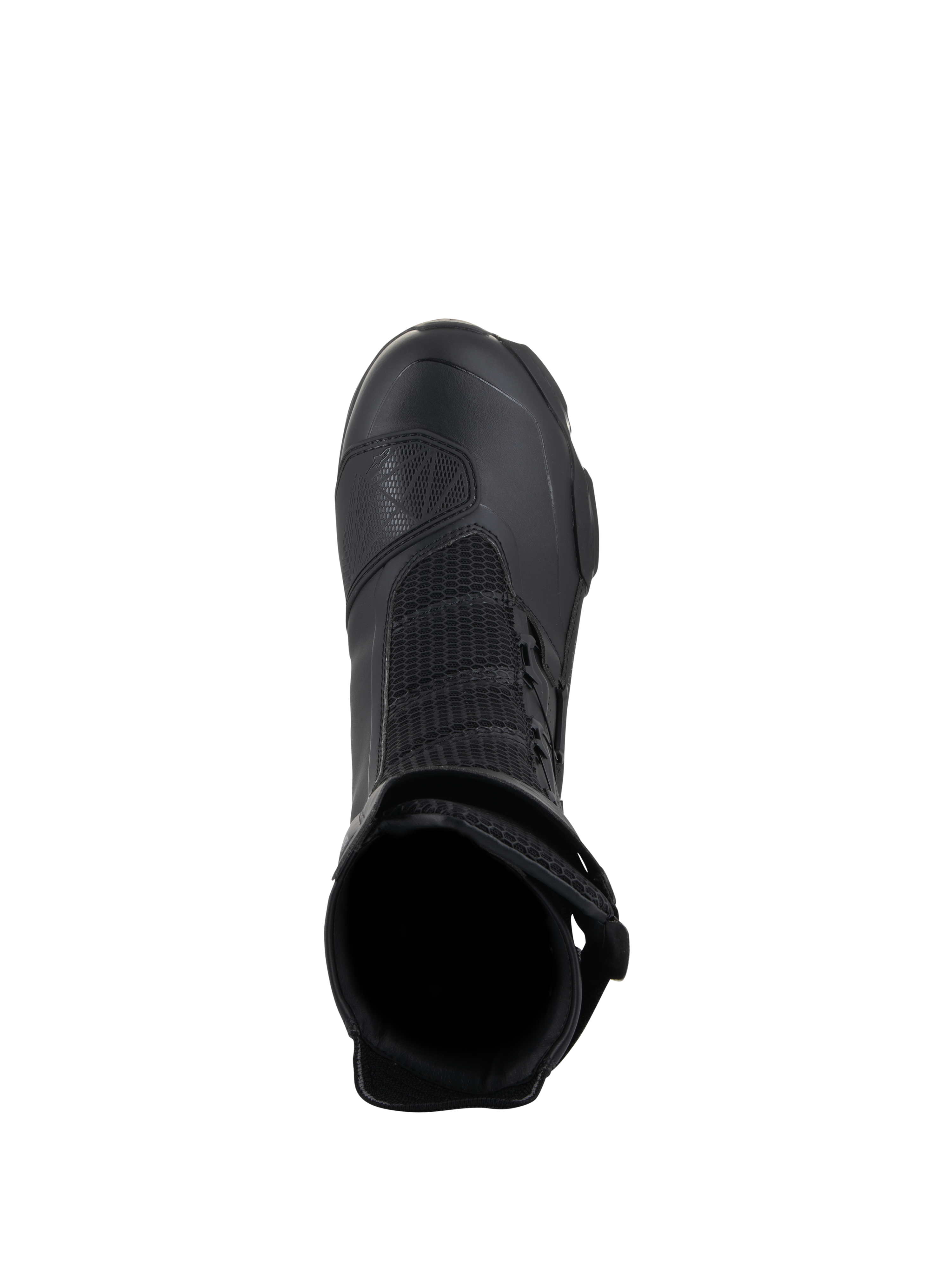 Alpinestars SP-X BOA Drystar Stiefel, Sport-Touring-Motorradstiefel, Schwarz, Draufsicht mit Fokus auf die Einstiegsöffnung, Mesh-Einsätze und TPU-Schaltverstärkung, konzipiert für wasserdichte Performance und Fahrkomfort