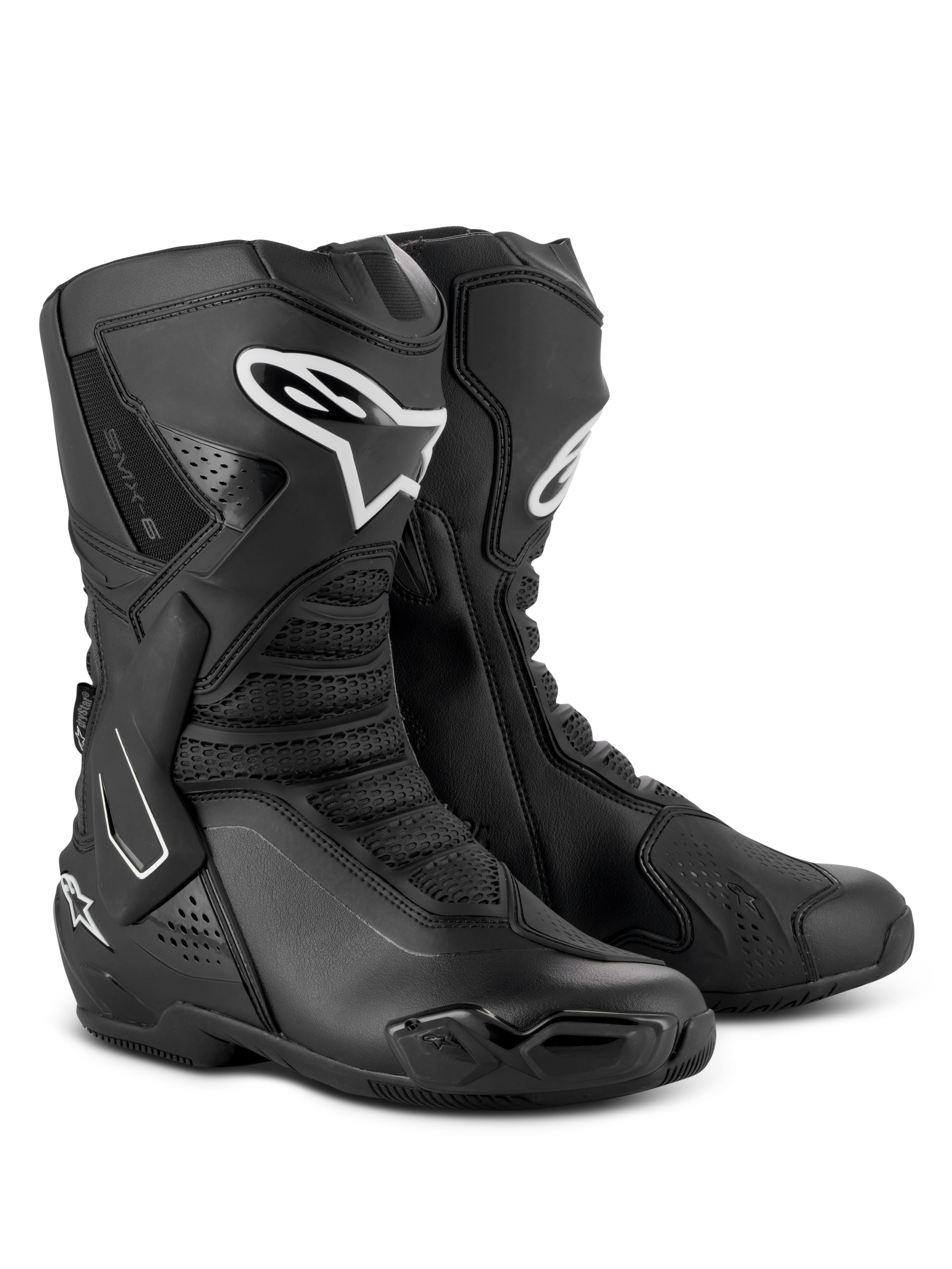 Alpinestars SMX-6 V3 Drystar® Stiefel, Performance-Motorradstiefel, Schwarz, mit TPU-Schienbeinprotektoren und weißem Alpinestars-Logo, austauschbaren Zehenschleifern und fortschrittlicher Mikrofaser-Konstruktion, Sport- und Straßenfahrausrüstung