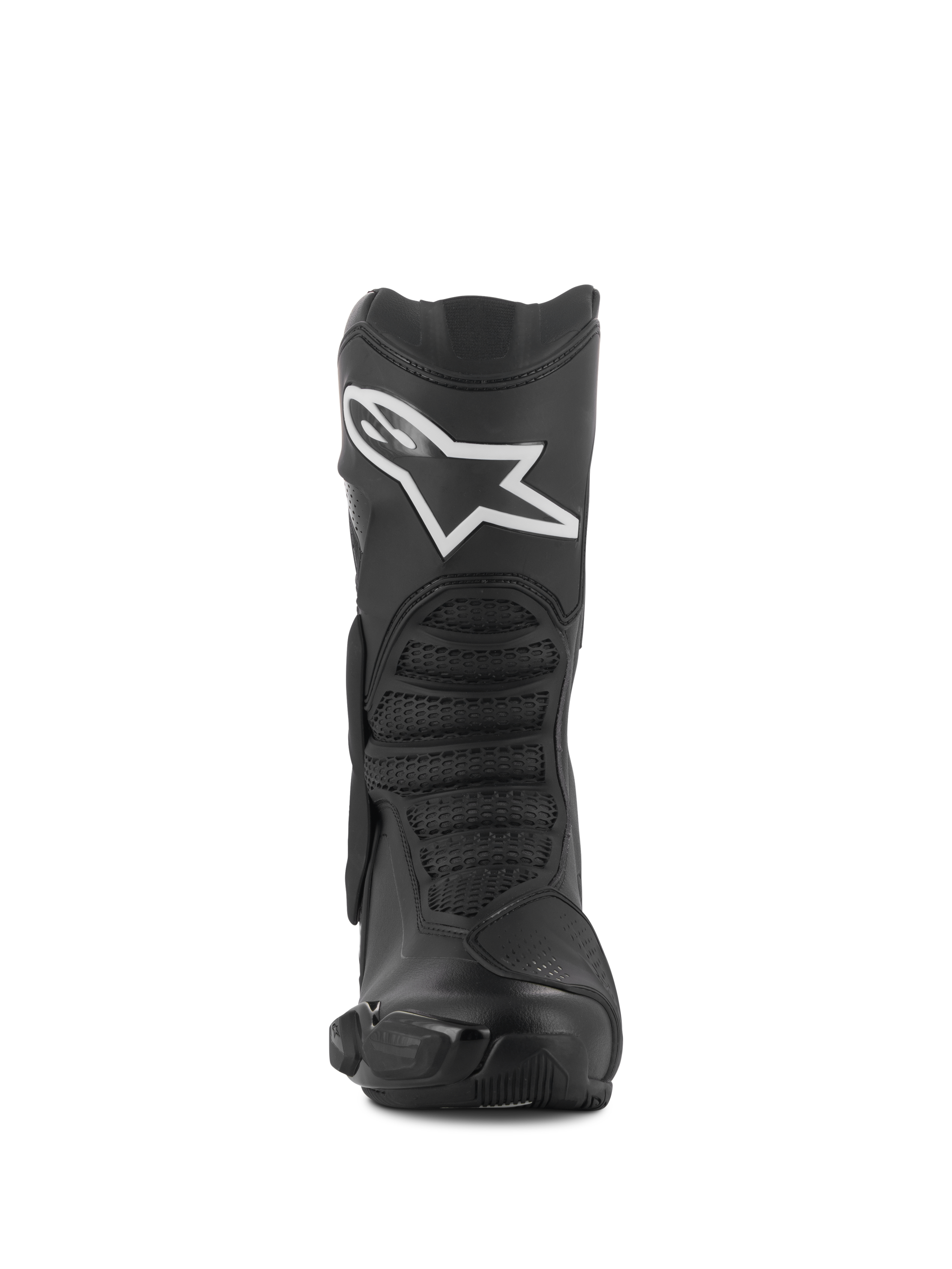 Alpinestars SMX-6 V3 Drystar® Stiefel, Schwarz, Vorderansicht, Sport- und Performance-Motorradstiefel mit weißem Alpinestars-Logo am Schienbein, TPU-Protektoren und texturierten Flex-Zonen