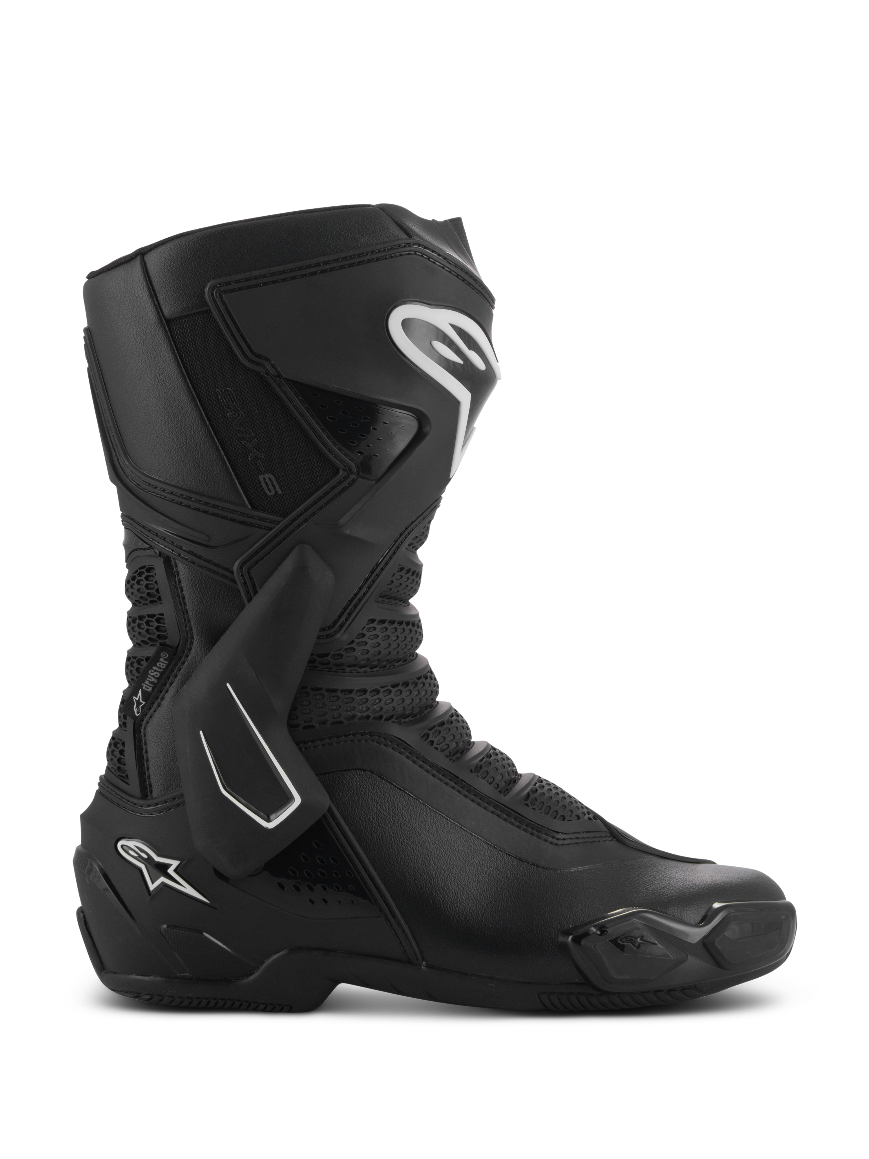 Alpinestars SMX-6 V3 Drystar, bottes de moto haute performance noires vues de profil, avec logos blancs, protection latérale de cheville en TPU, plaque tibiale renforcée et panneaux en mesh flexible
