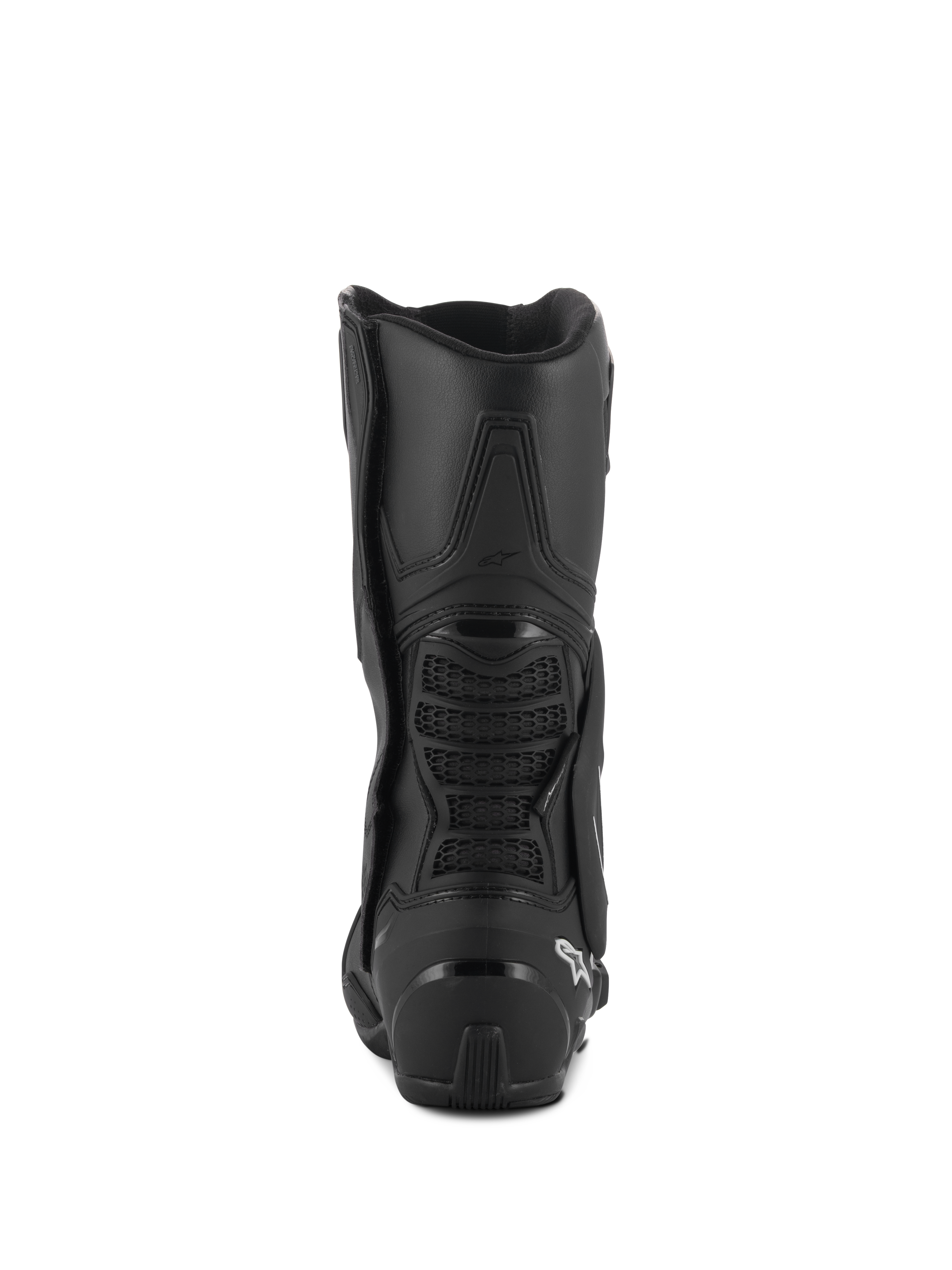 Alpinestars SMX-6 V3 Drystar® Stiefel, Performance-Motorradstiefel, Schwarz, Rückansicht mit TPU-Fersenschutz und hinterer Wadenbrücke mit Mesh-Detail, weißes Logo an der Ferse
