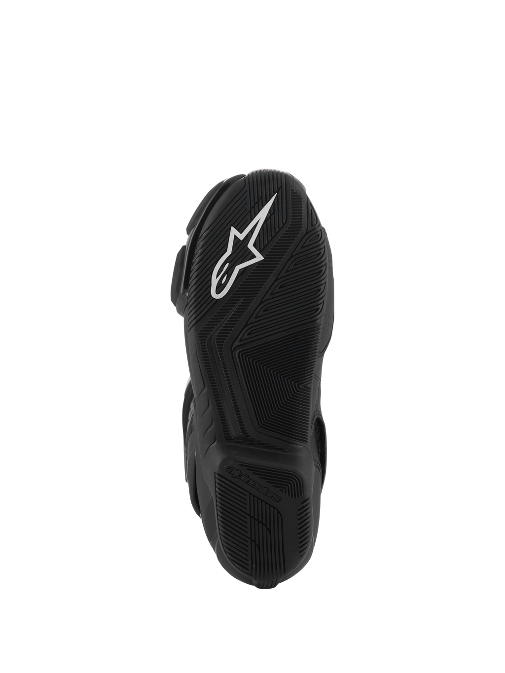 Alpinestars SMX-6 V3 Drystar® Stiefel, Ansicht der schwarzen Gummisohle, weißes A-Star-Logo auf dem vorderen Profil, geprägtes Alpinestars-Branding an der Ferse, detailliertes Texturmuster für Grip und Performance