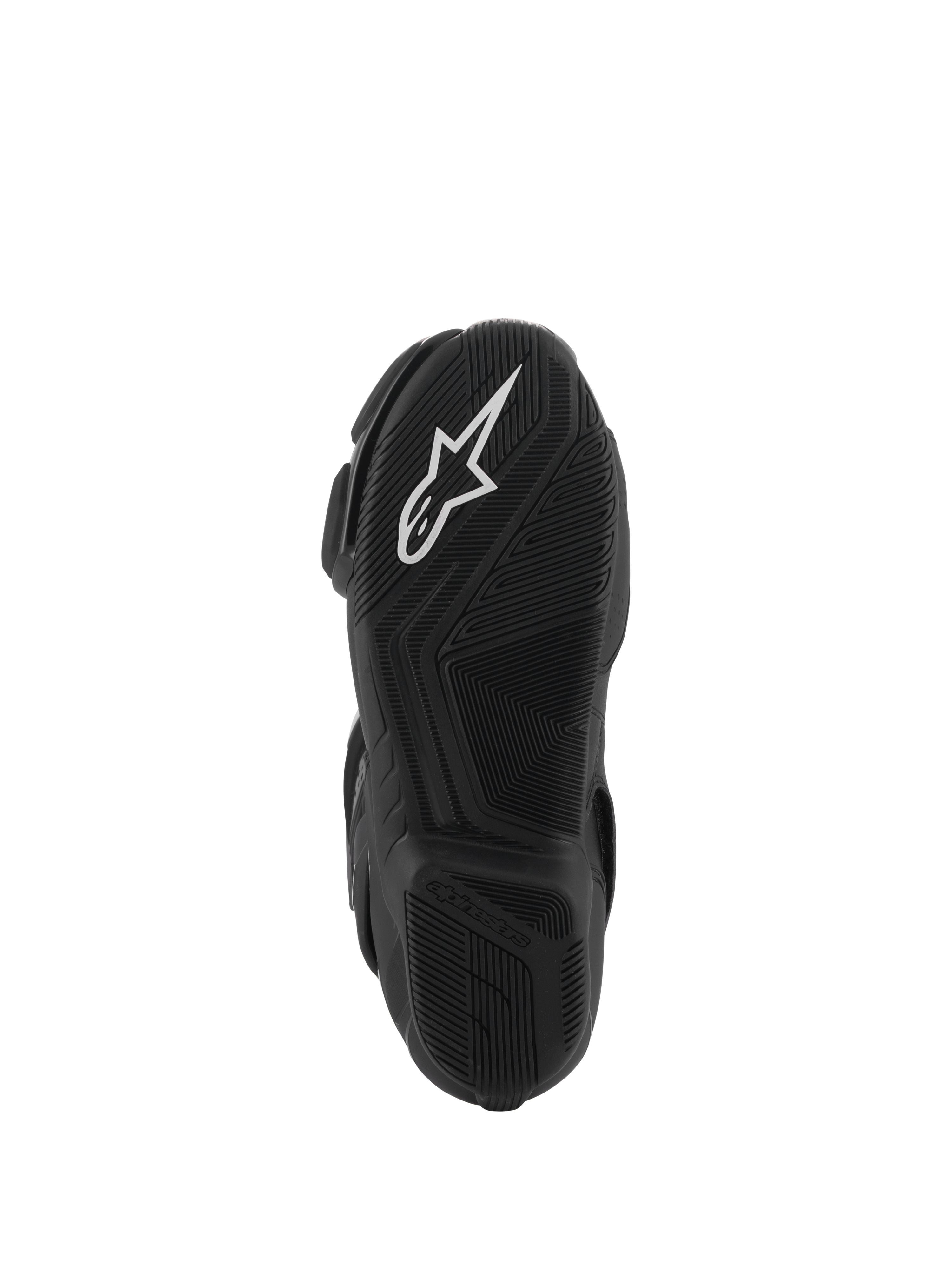 Alpinestars SMX-6 V3 Drystar® Stiefel, Ansicht der schwarzen Gummisohle, weißes A-Star-Logo auf dem vorderen Profil, geprägtes Alpinestars-Branding an der Ferse, detailliertes Texturmuster für Grip und Performance