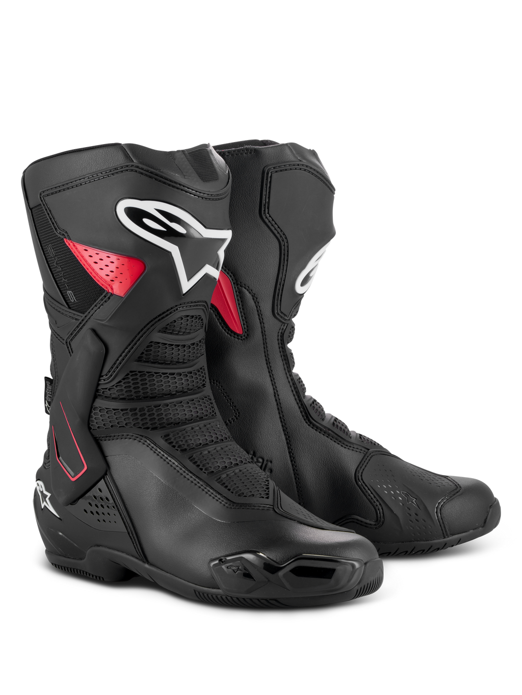 Alpinestars SMX-6 V3 Drystar-laarzen, waterdichte performance motorlaarzen, zwart en rood, voorzien van een laterale TPU-enkelbrace, versterkte scheenplaat en microvezelconstructie voor circuit- en straatgebruik