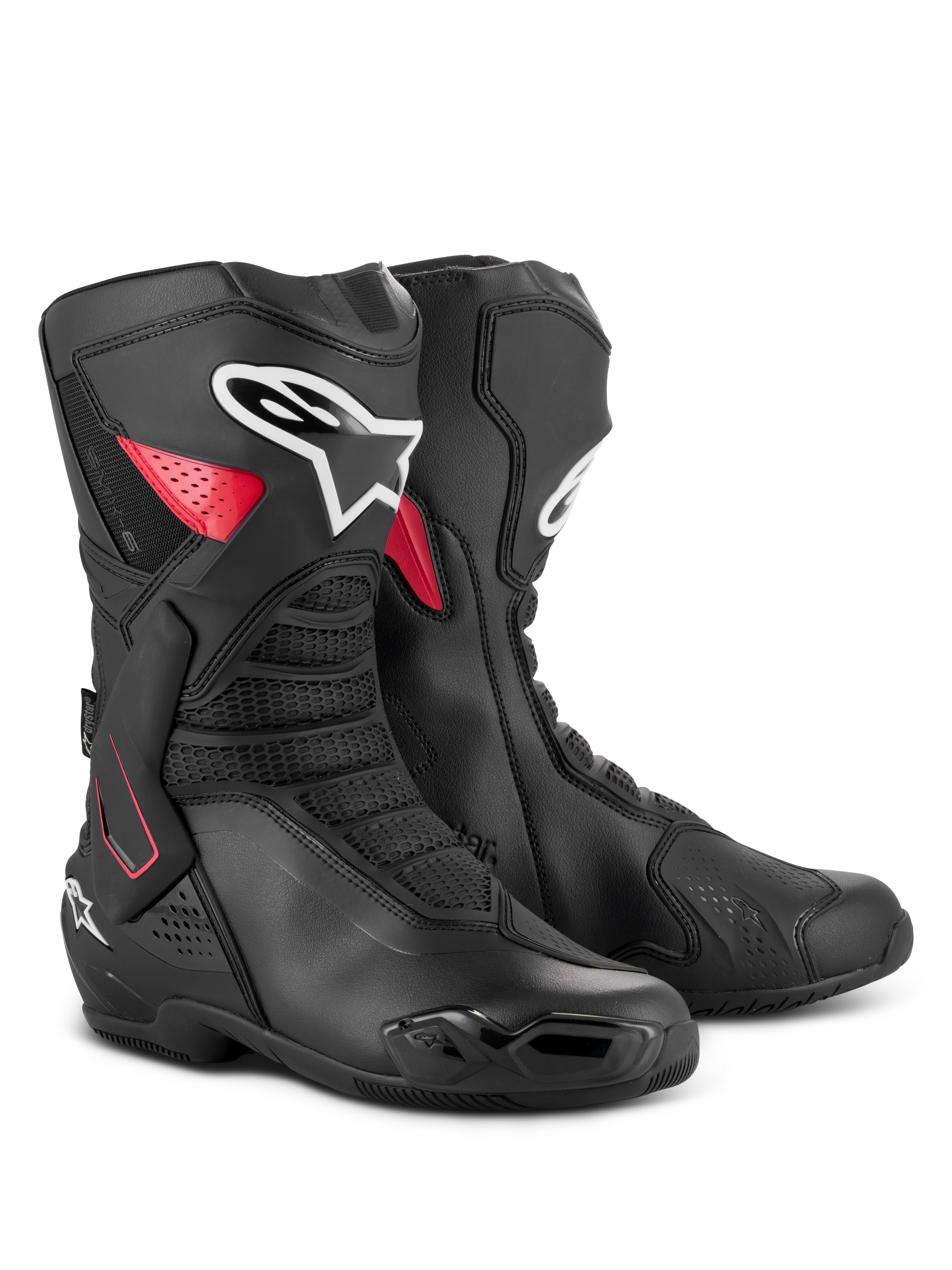 Alpinestars SMX-6 V3 Drystar-laarzen, waterdichte performance motorlaarzen, zwart en rood, voorzien van een laterale TPU-enkelbrace, versterkte scheenplaat en microvezelconstructie voor circuit- en straatgebruik
