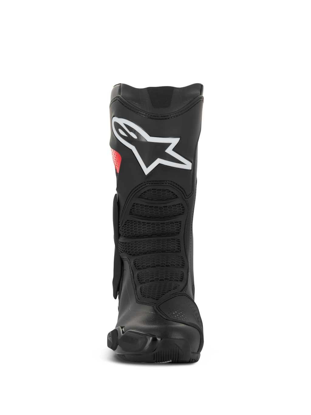 Alpinestars SMX-6 V3 Drystar® laarzen, performance motorlaarzen, zwart en rood, vooraanzicht met groot wit logo op het scheenbeen, getextureerde flexzones aan de voorzijde en slank beschermend ontwerp