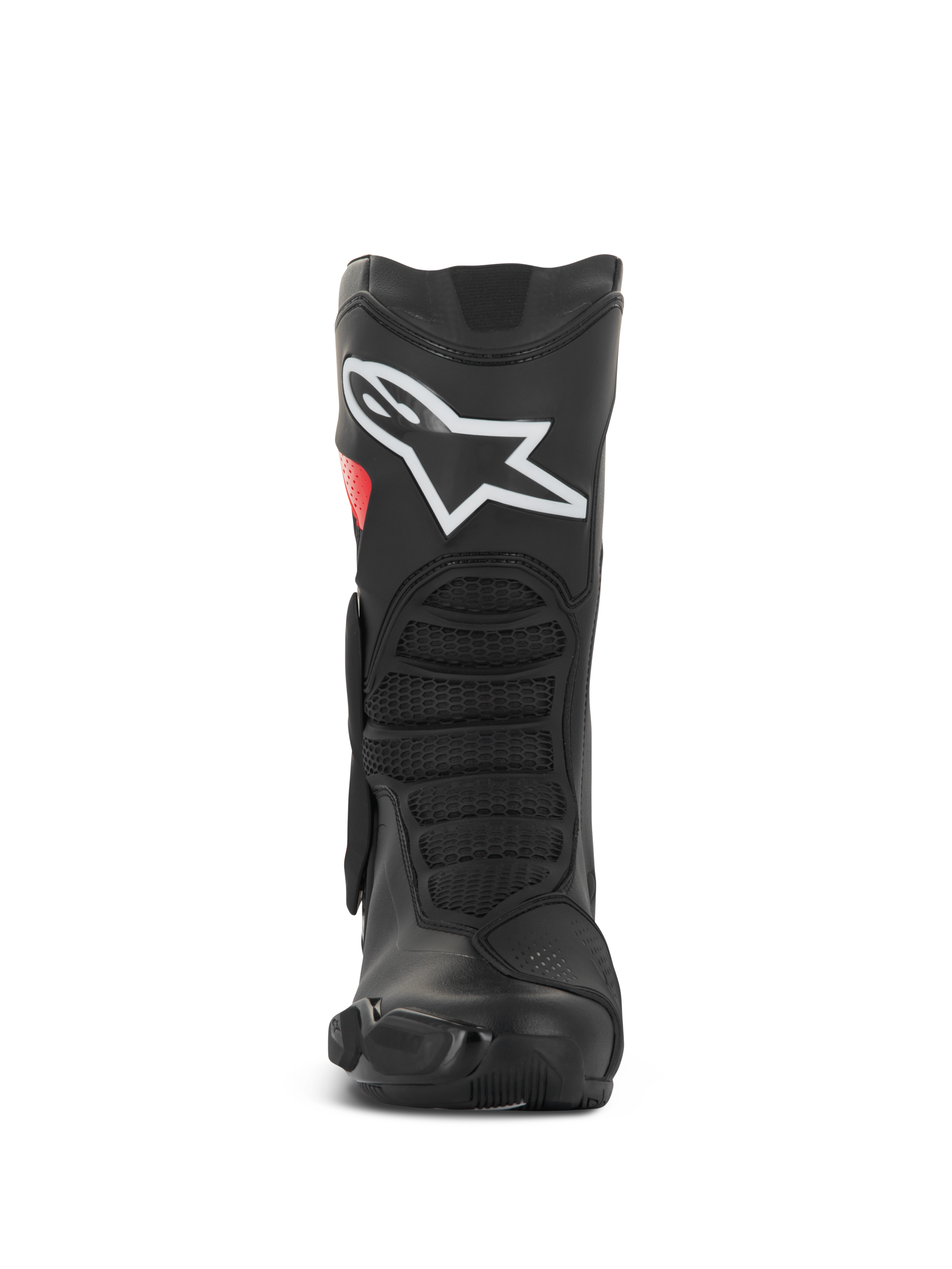 Alpinestars SMX-6 V3 Drystar® laarzen, performance motorlaarzen, zwart en rood, vooraanzicht met groot wit logo op het scheenbeen, getextureerde flexzones aan de voorzijde en slank beschermend ontwerp
