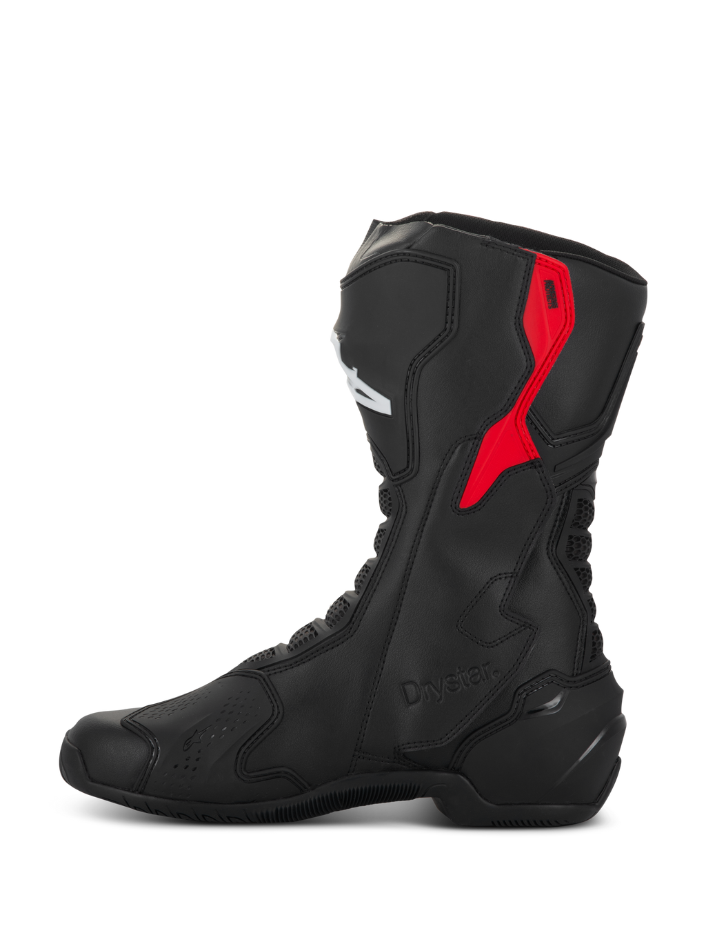Alpinestars SMX-6 V3 Drystar laarzen, hoogwaardige motorlaarzen, zwart en rood, met een rode TPU-protector op de bovenkuit, Drystar-logo in reliëf en een gestroomlijnde microvezelconstructie, zijaanzicht