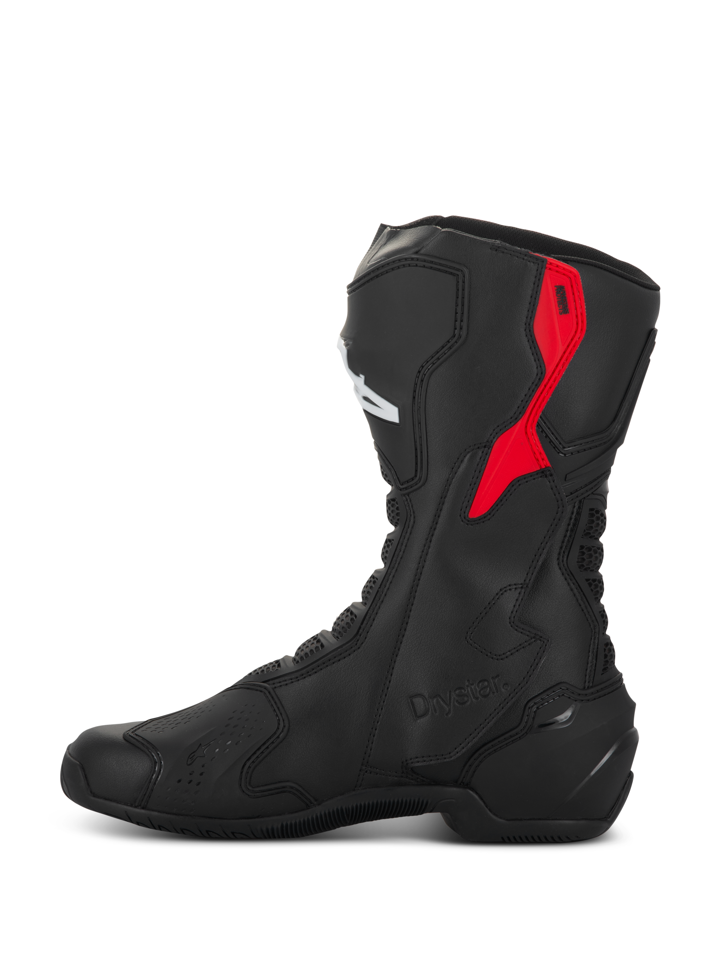 Alpinestars SMX-6 V3 Drystar laarzen, hoogwaardige motorlaarzen, zwart en rood, met een rode TPU-protector op de bovenkuit, Drystar-logo in reliëf en een gestroomlijnde microvezelconstructie, zijaanzicht