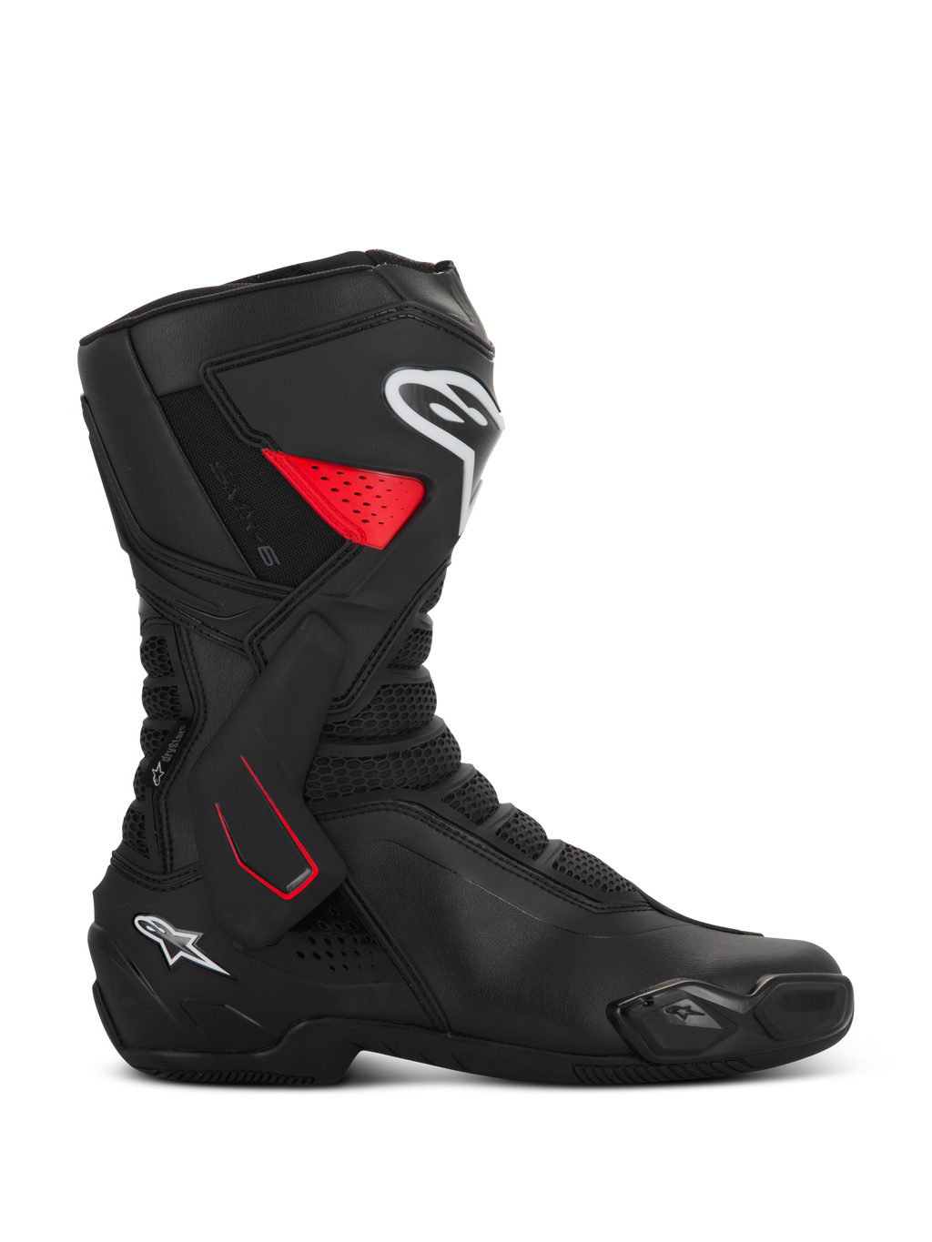 Alpinestars SMX-6 V3 Drystar motorlaarzen, sportieve motorlaarzen, zwart met rode en witte accenten, zijprofielaanzicht, waterdichte microvezelconstructie, laterale TPU-enkelbrace met rode details, witte logo's op het scheenbeen en de hiel, geïntegreerde teenslider en mesh flexzones