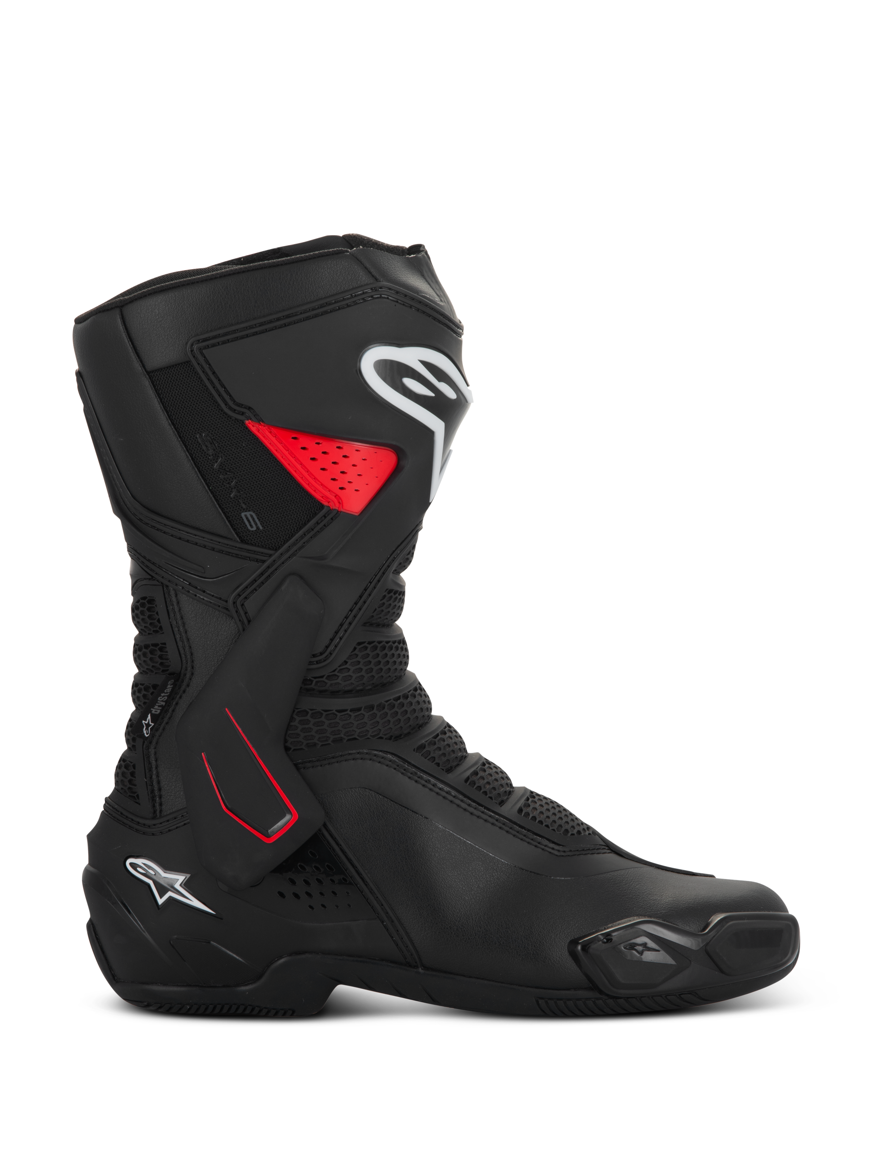 Alpinestars SMX-6 V3 Drystar motorlaarzen, sportieve motorlaarzen, zwart met rode en witte accenten, zijprofielaanzicht, waterdichte microvezelconstructie, laterale TPU-enkelbrace met rode details, witte logo's op het scheenbeen en de hiel, geïntegreerde teenslider en mesh flexzones