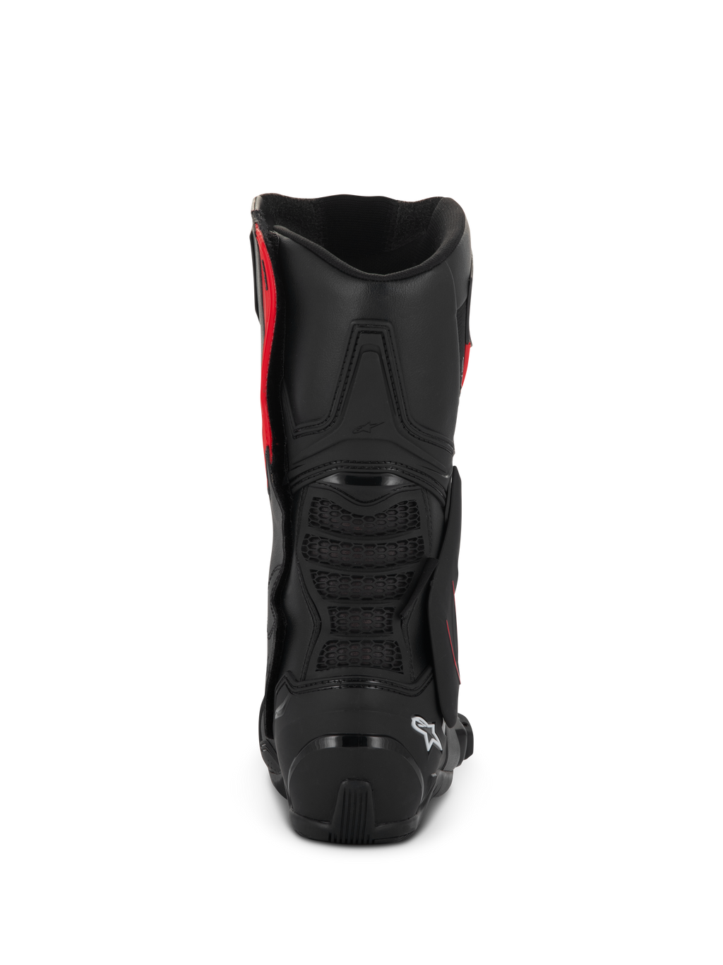 Alpinestars SMX-6 V3 Drystar® laarzen, zwart en rood, achteraanzicht met TPU-hielkap en kuitbescherming, hoogwaardige motorlaarzen met waterdichte microvezelconstructie