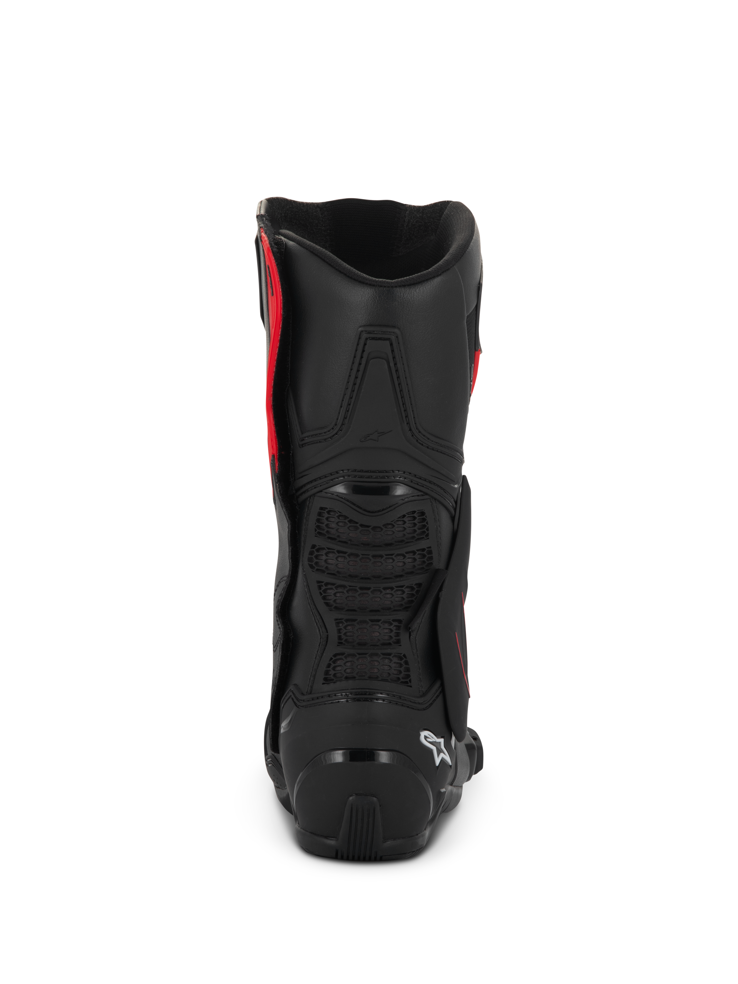 Alpinestars SMX-6 V3 Drystar® laarzen, zwart en rood, achteraanzicht met TPU-hielkap en kuitbescherming, hoogwaardige motorlaarzen met waterdichte microvezelconstructie