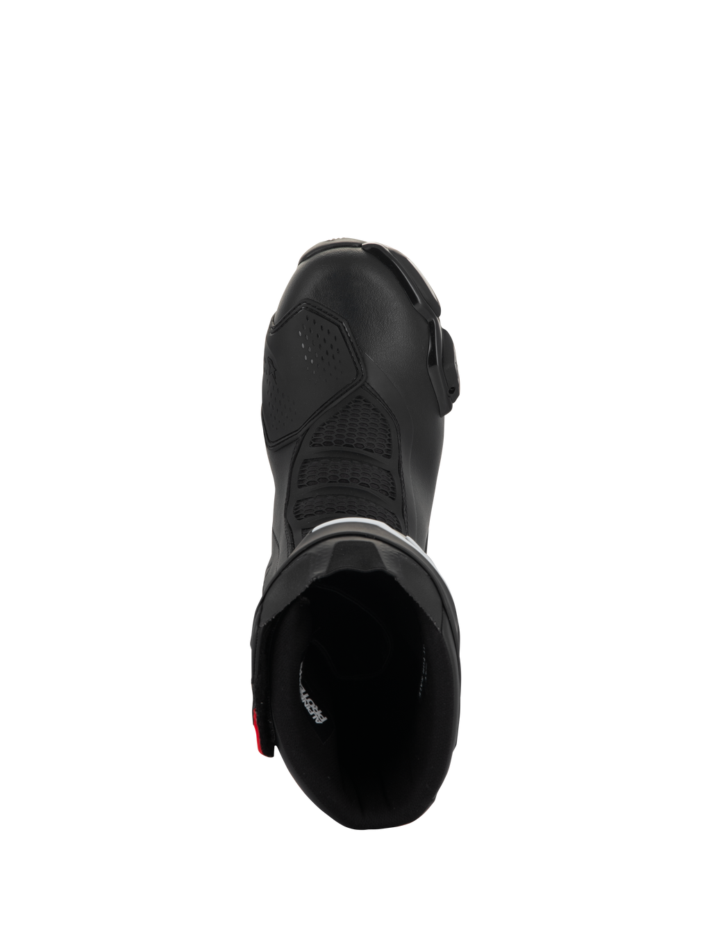 Alpinestars SMX-6 V3 Drystar laarzen, performance motorlaarzen, zwart met rode accenten, bovenaanzicht met inkijk in de opening van de laars, voorzien van getextureerde flexzones en microvezelconstructie