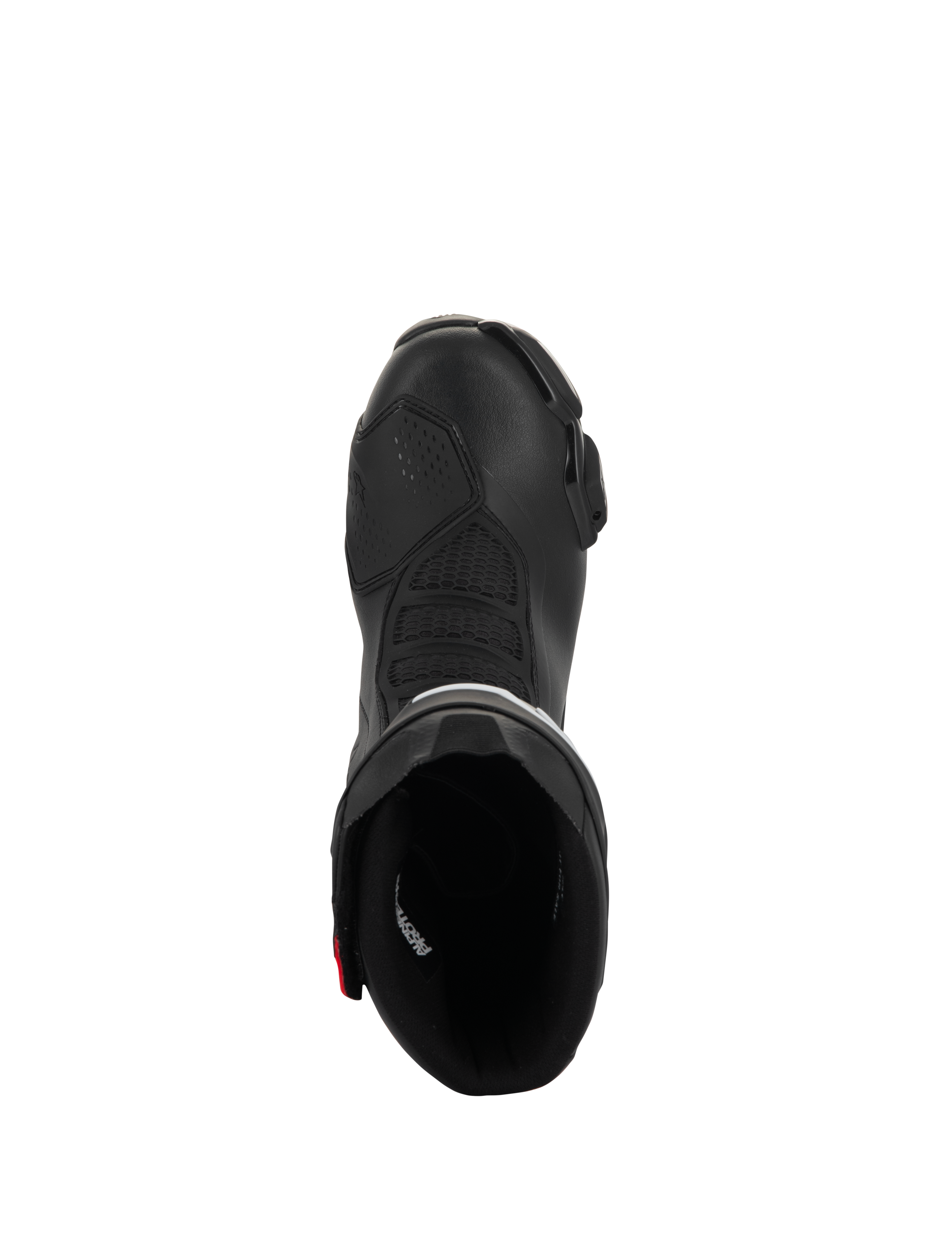 Alpinestars SMX-6 V3 Drystar laarzen, performance motorlaarzen, zwart met rode accenten, bovenaanzicht met inkijk in de opening van de laars, voorzien van getextureerde flexzones en microvezelconstructie