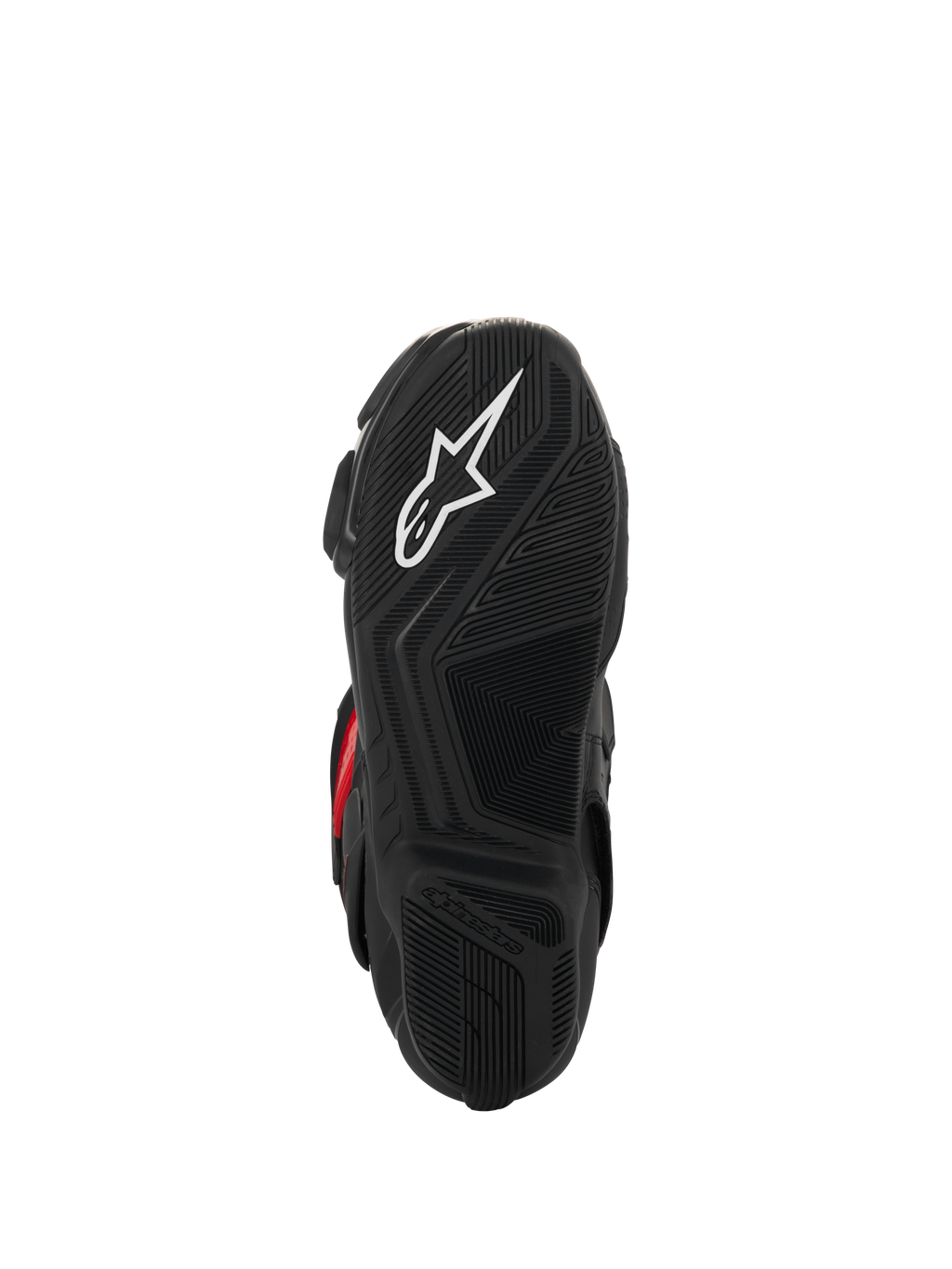 Alpinestars SMX-6 V3 Drystar® laarzen, onderaanzicht van de zool, zwart getextureerd rubber voor grip, voorzien van een wit sterlogo en Alpinestars-branding in reliëf, prestatiegerichte motorlaarzen.