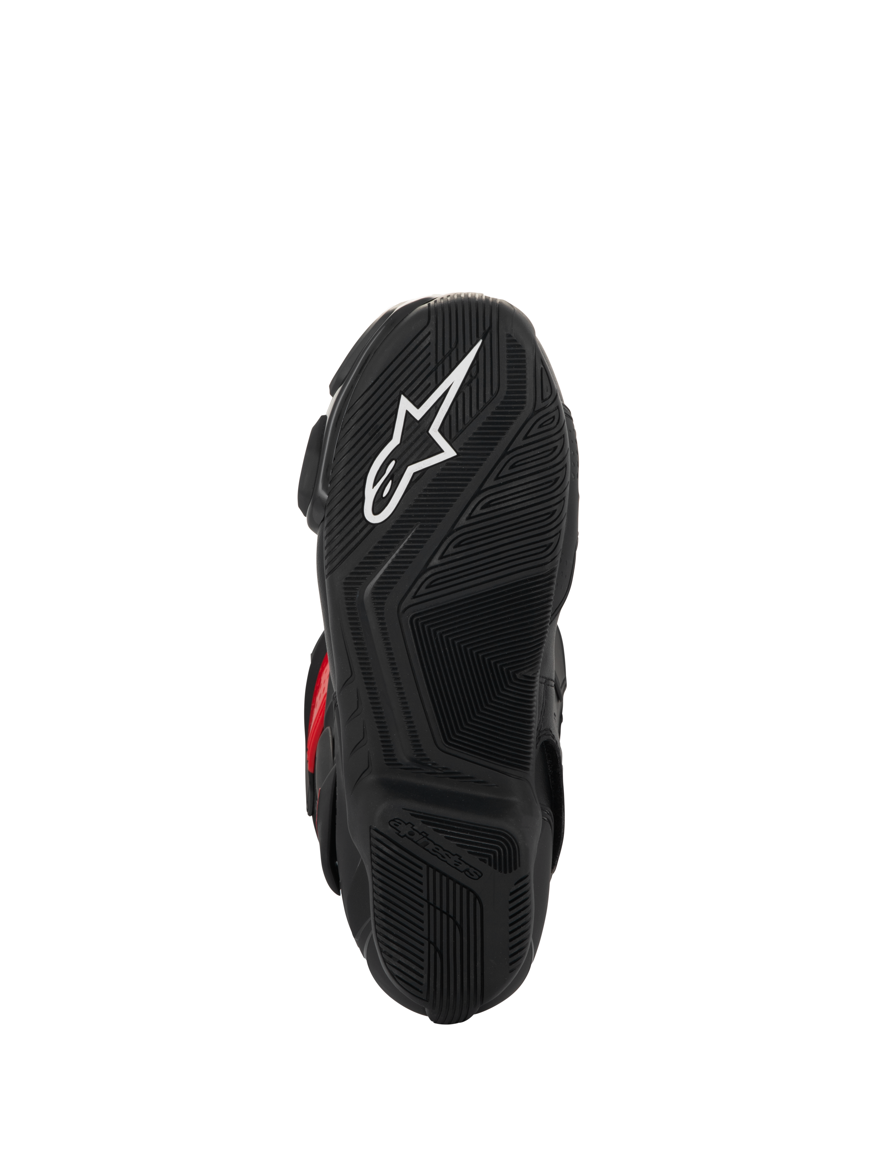 Alpinestars SMX-6 V3 Drystar® laarzen, onderaanzicht van de zool, zwart getextureerd rubber voor grip, voorzien van een wit sterlogo en Alpinestars-branding in reliëf, prestatiegerichte motorlaarzen.