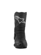 Alpinestars Stella SMX-6 V3 Drystar® Stiefel, Damen-Motorradstiefel, Schwarz und Silber, Vorderansicht mit einem markanten weißen Astar-Logo auf der Schienbeinplatte, fortschrittliche Mikrofaser-Konstruktion mit texturierten Schutzzonen
