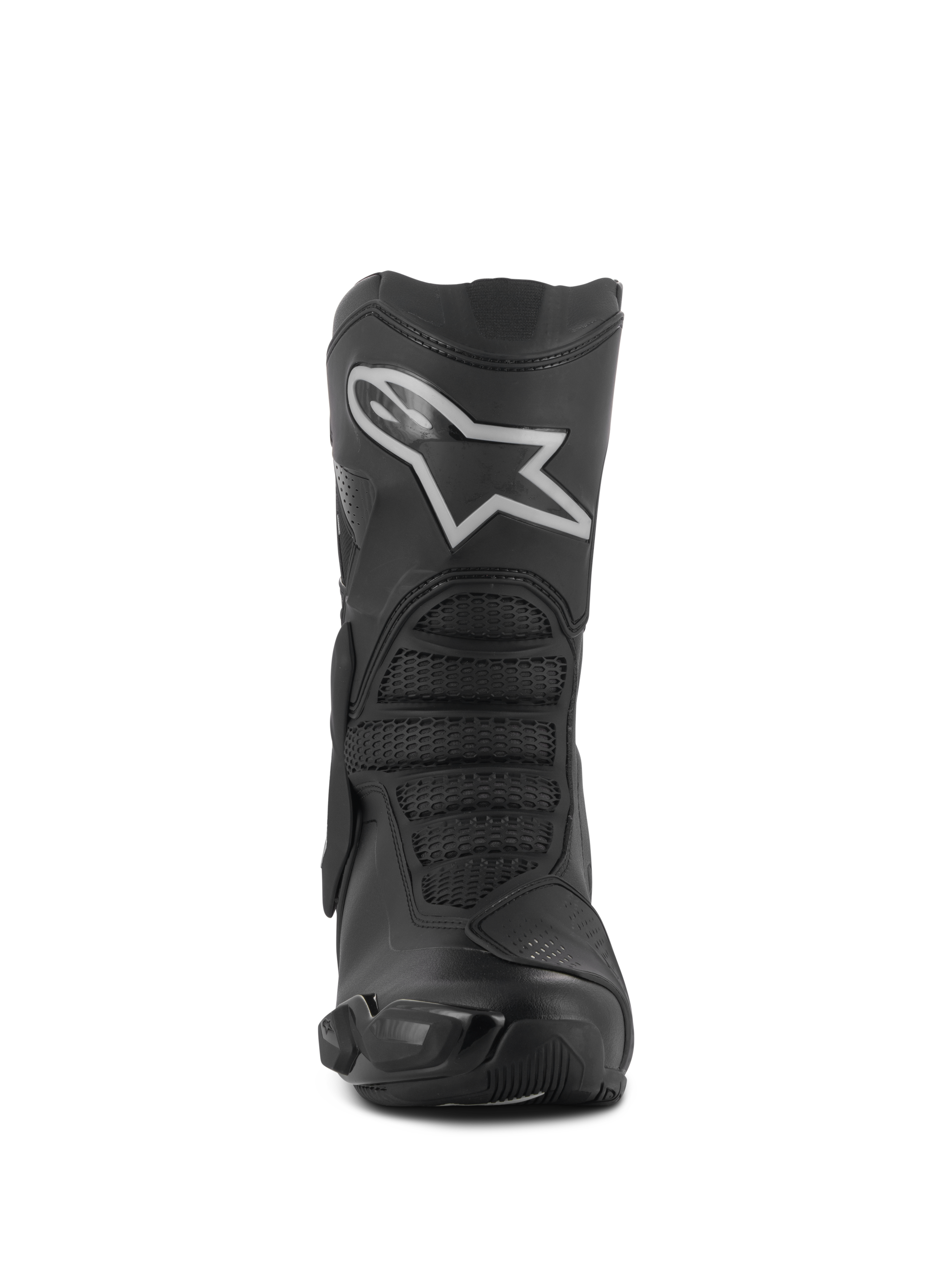 Alpinestars Stella SMX-6 V3 Drystar® Stiefel, Damen-Motorradstiefel, Schwarz und Silber, Vorderansicht mit einem markanten weißen Astar-Logo auf der Schienbeinplatte, fortschrittliche Mikrofaser-Konstruktion mit texturierten Schutzzonen