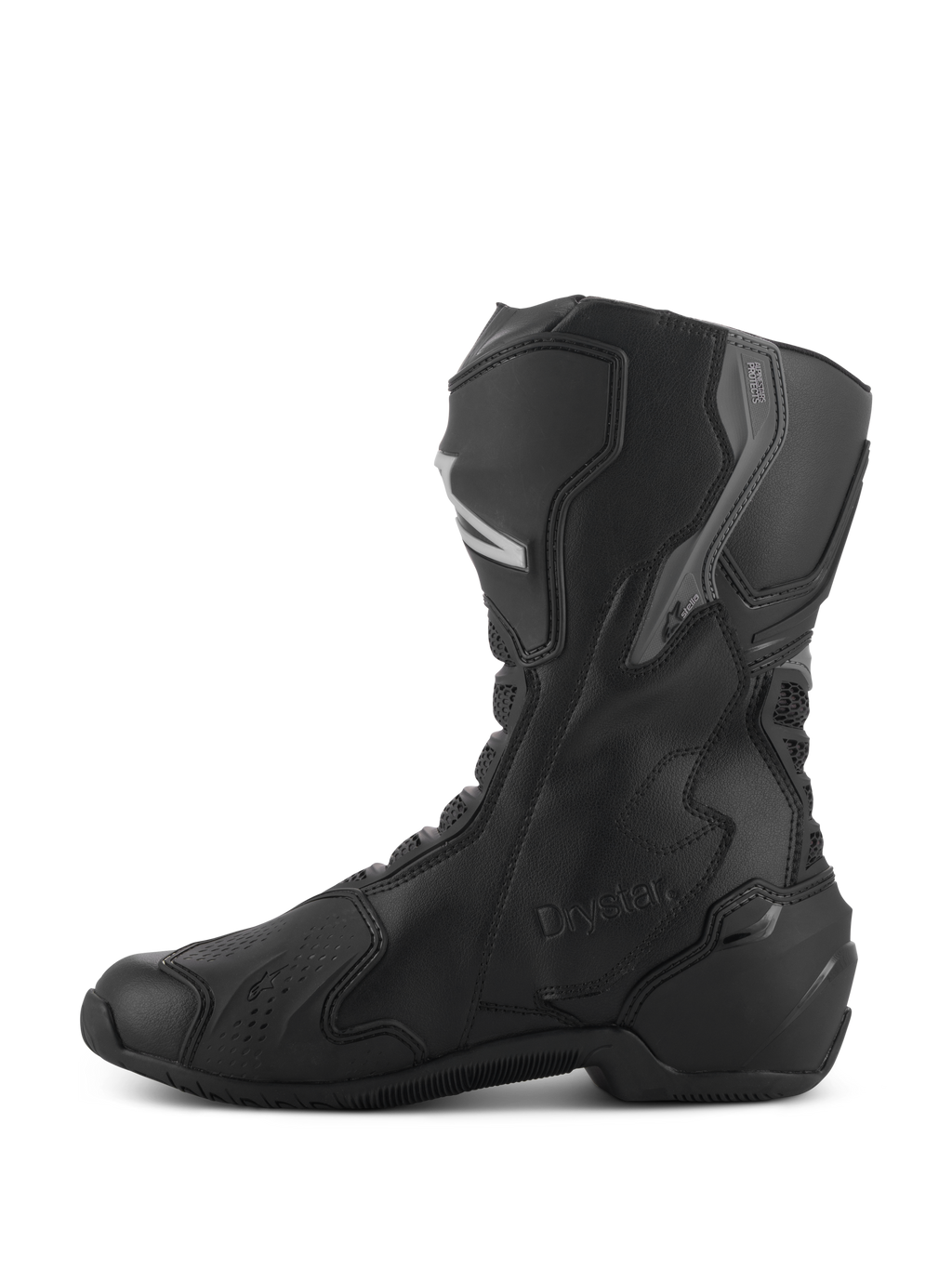 Alpinestars Stella SMX-6 V3 Drystar® Stiefel, Wasserdichte Damen-Motorradstiefel, Schwarz und Silber, Seitenansicht mit TPU-Schienbein- und Knöchelschutz, eingeprägtem Drystar-Logo, langlebige Mikrofaser-Konstruktion für Sport- und Straßenfahrten.