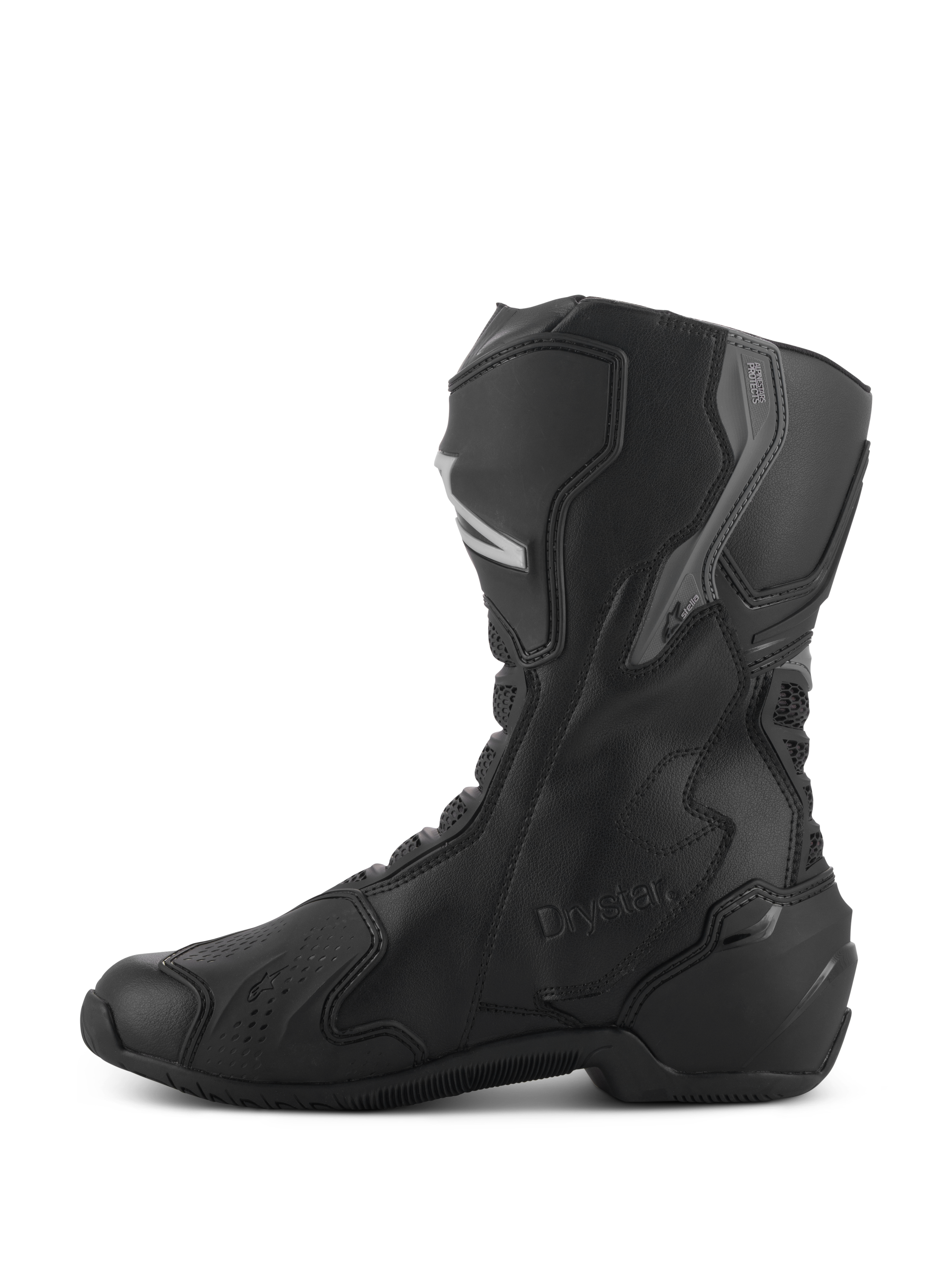 Alpinestars Stella SMX-6 V3 Drystar® Stiefel, Wasserdichte Damen-Motorradstiefel, Schwarz und Silber, Seitenansicht mit TPU-Schienbein- und Knöchelschutz, eingeprägtem Drystar-Logo, langlebige Mikrofaser-Konstruktion für Sport- und Straßenfahrten.