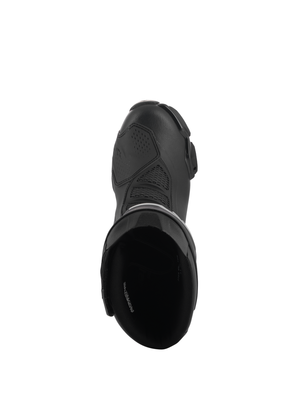 Alpinestars Stella SMX-6 V3 Drystar® Stiefel, Damen-Performance-Motorradstiefel, Schwarz, Draufsicht mit gepolsterter Einstiegsöffnung und strukturiertem Mikrofaser-Obermaterial mit schützender Schaltverstärkung