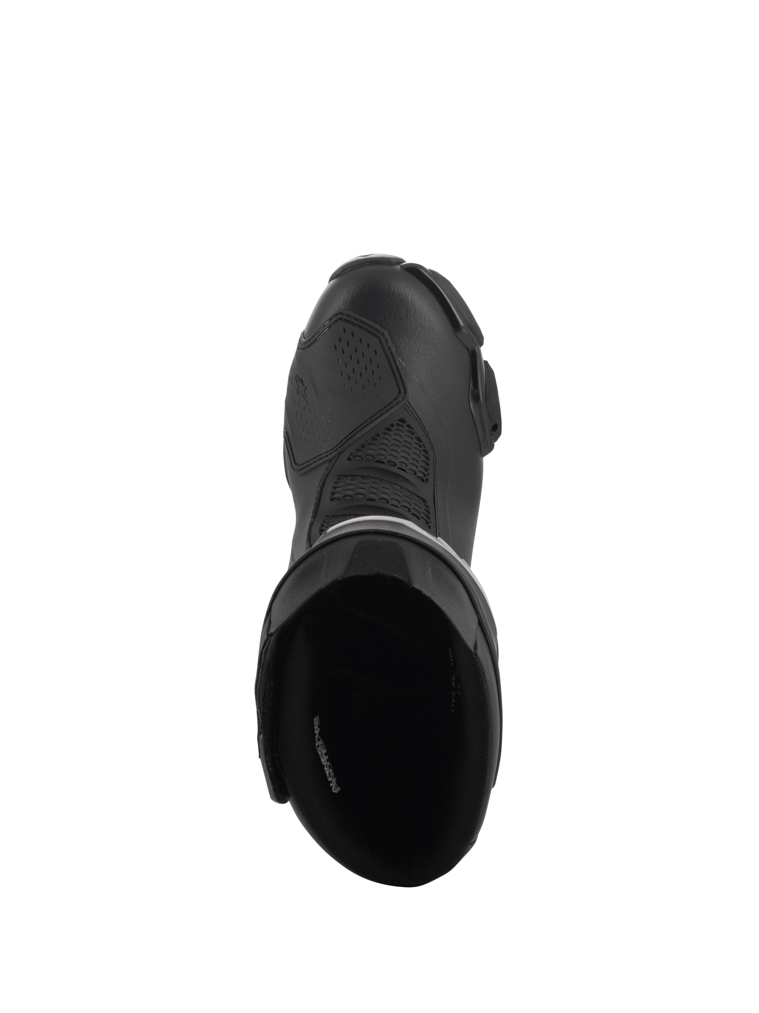 Alpinestars Stella SMX-6 V3 Drystar® Stiefel, Damen-Performance-Motorradstiefel, Schwarz, Draufsicht mit gepolsterter Einstiegsöffnung und strukturiertem Mikrofaser-Obermaterial mit schützender Schaltverstärkung